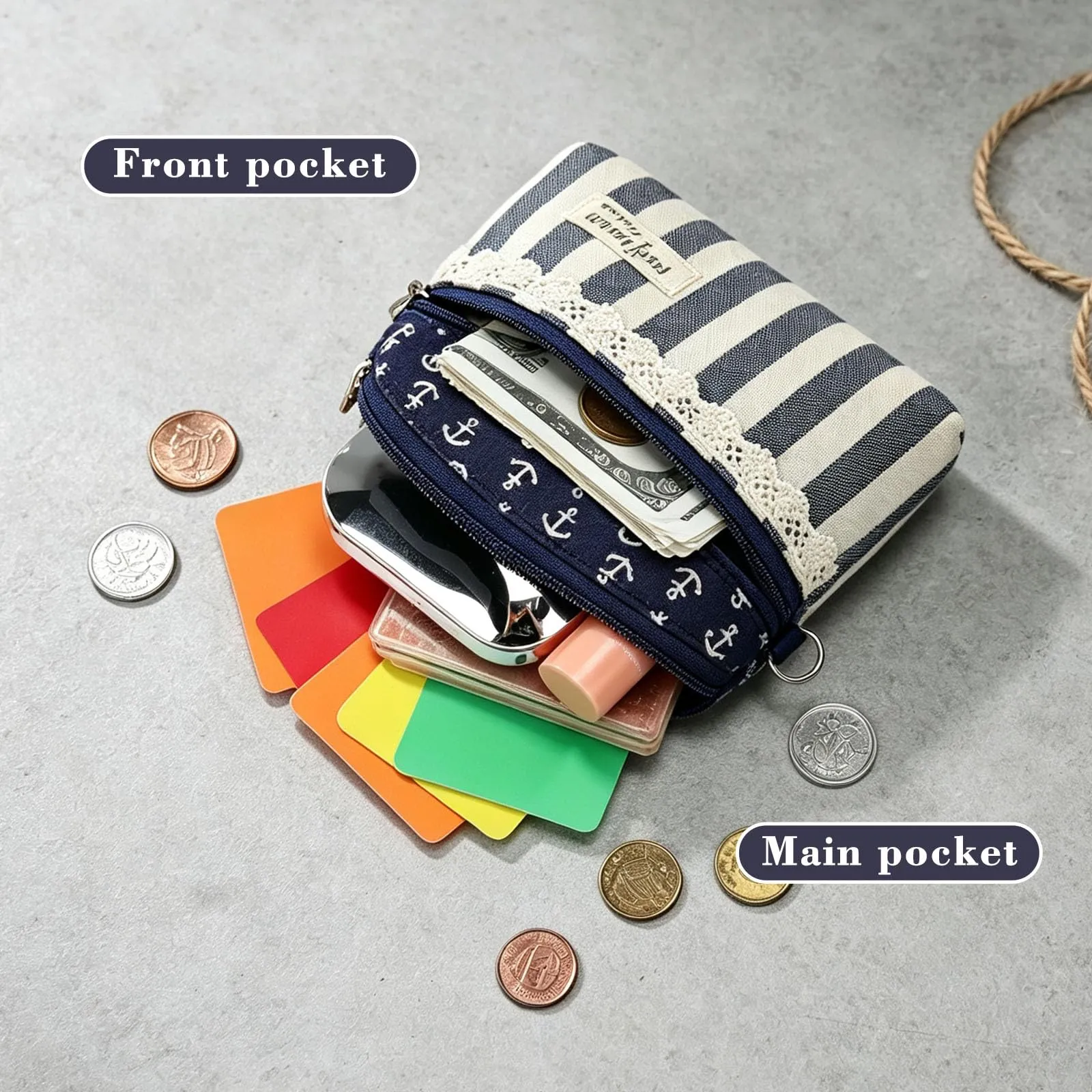 AfitLulu Portafoglio da donna in tela, 2 strati con cerniera, stile bohémien, beige e blu, 13*10*1cm - immagine 3