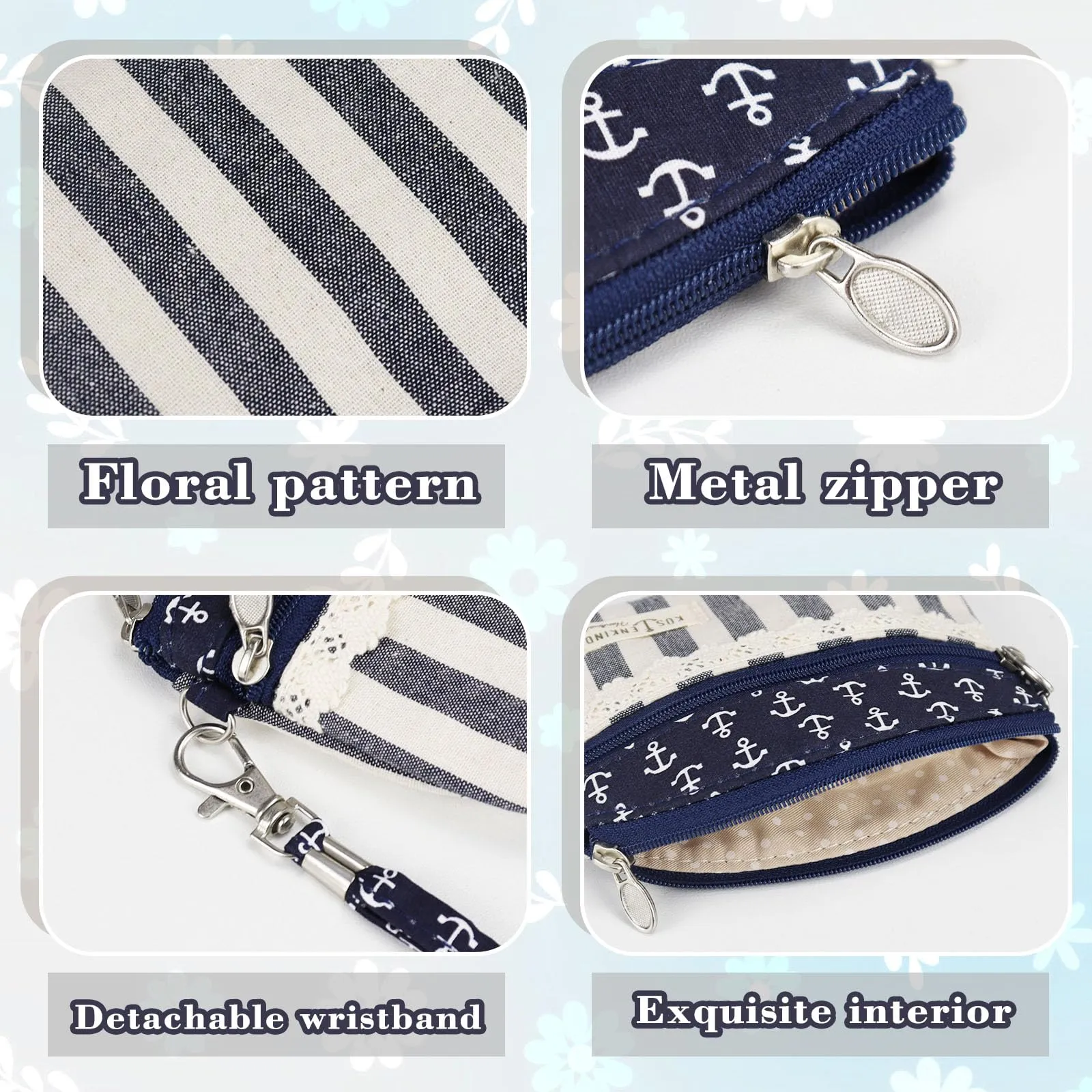 AfitLulu Portafoglio da donna in tela, 2 strati con cerniera, stile bohémien, beige e blu, 13*10*1cm - immagine 4