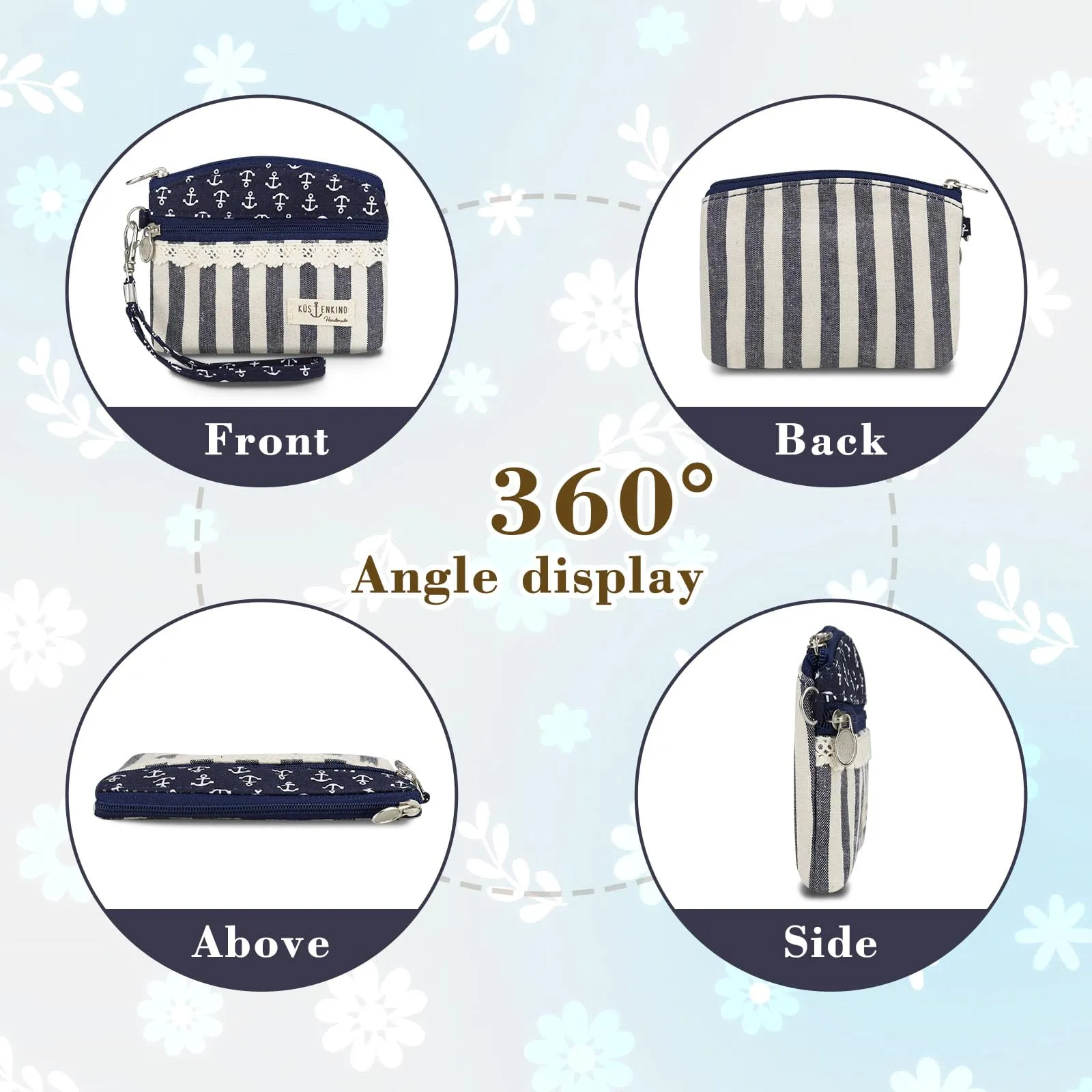 AfitLulu Portafoglio da donna in tela, 2 strati con cerniera, stile bohémien, beige e blu, 13*10*1cm - immagine 5