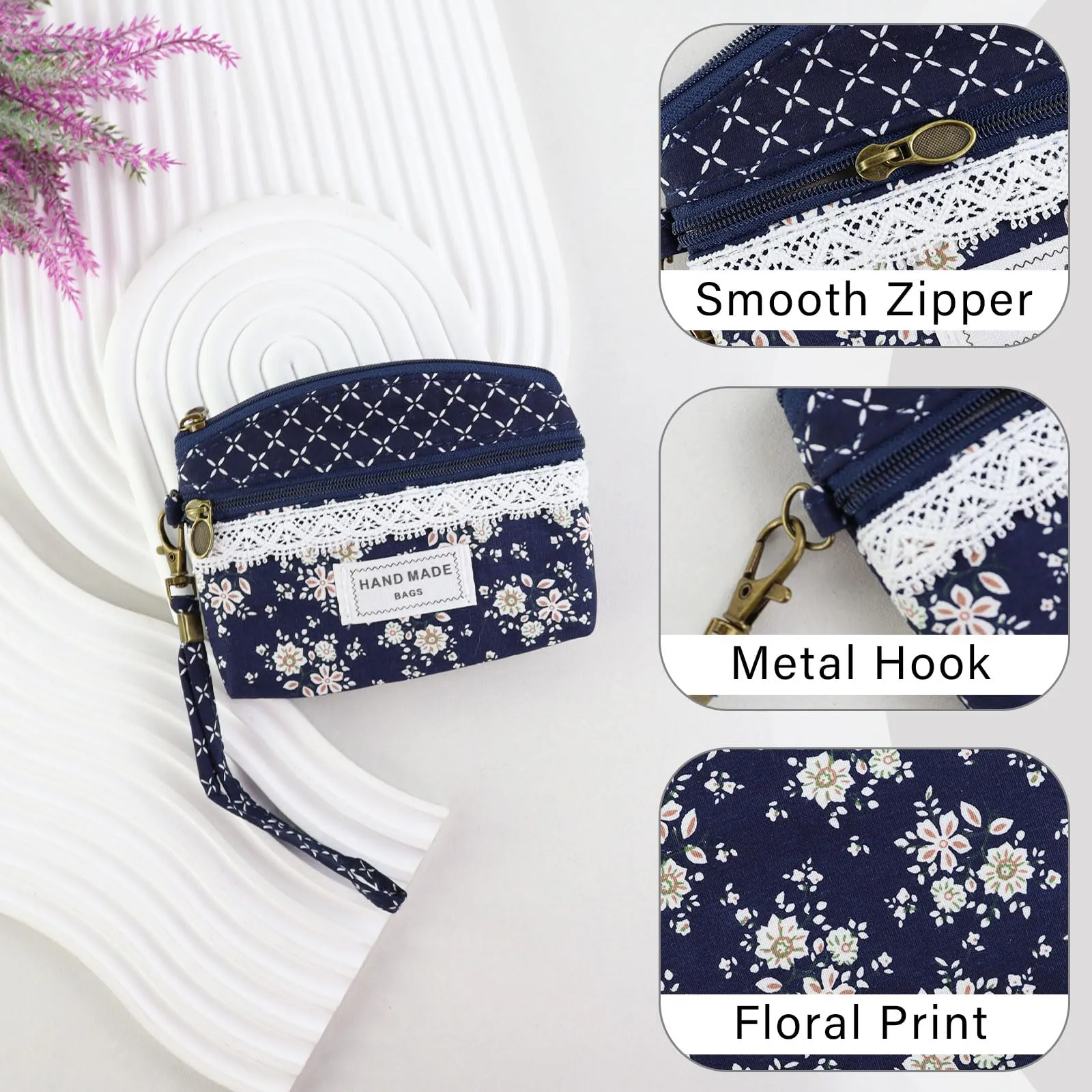 AfitLulu Portafoglio Donna Piccolo Mini Fiore con Chiusura Lampo e Cordino da Polso, Blu-A - immagine 3