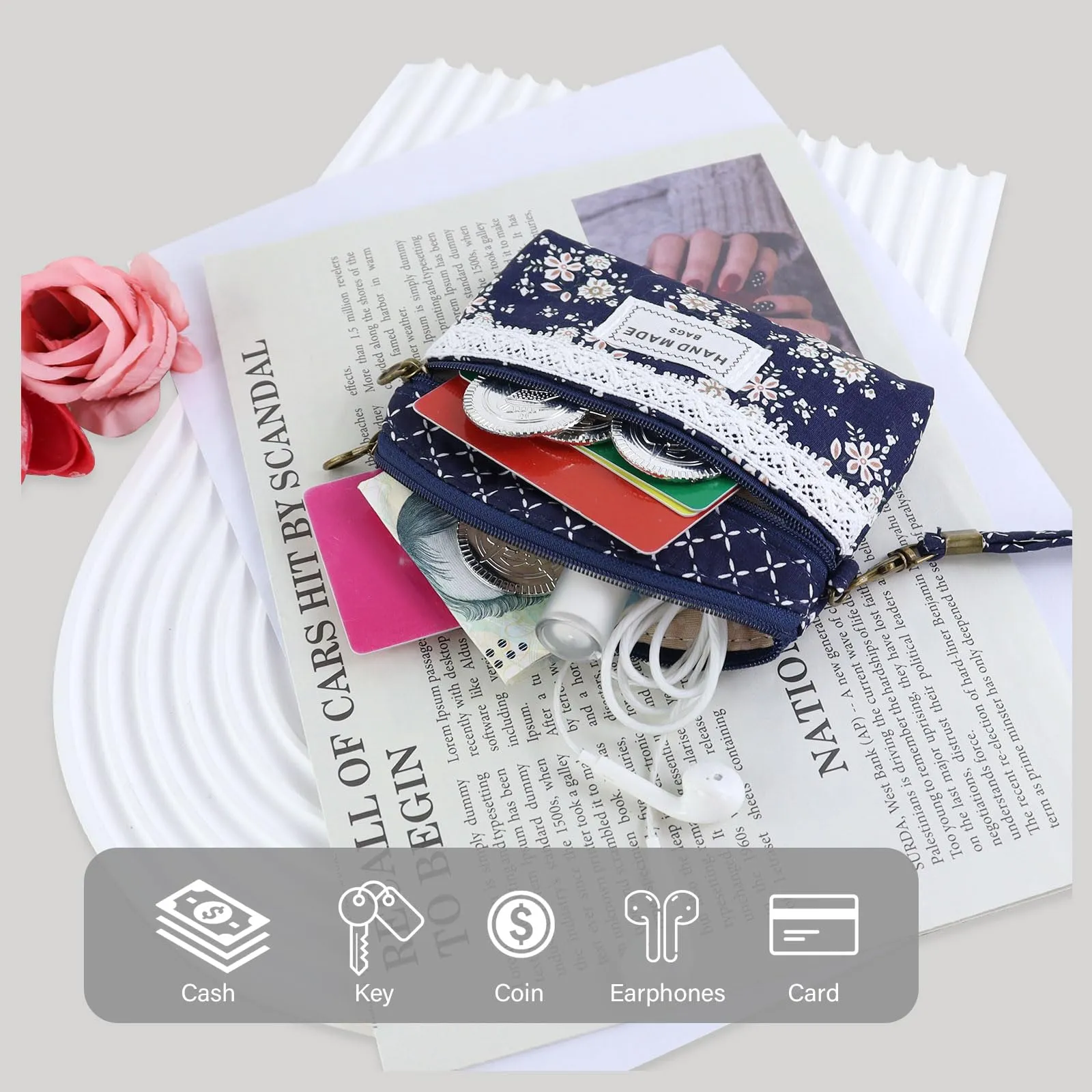 AfitLulu Portafoglio Donna Piccolo Mini Fiore con Chiusura Lampo e Cordino da Polso, Blu-A - immagine 4