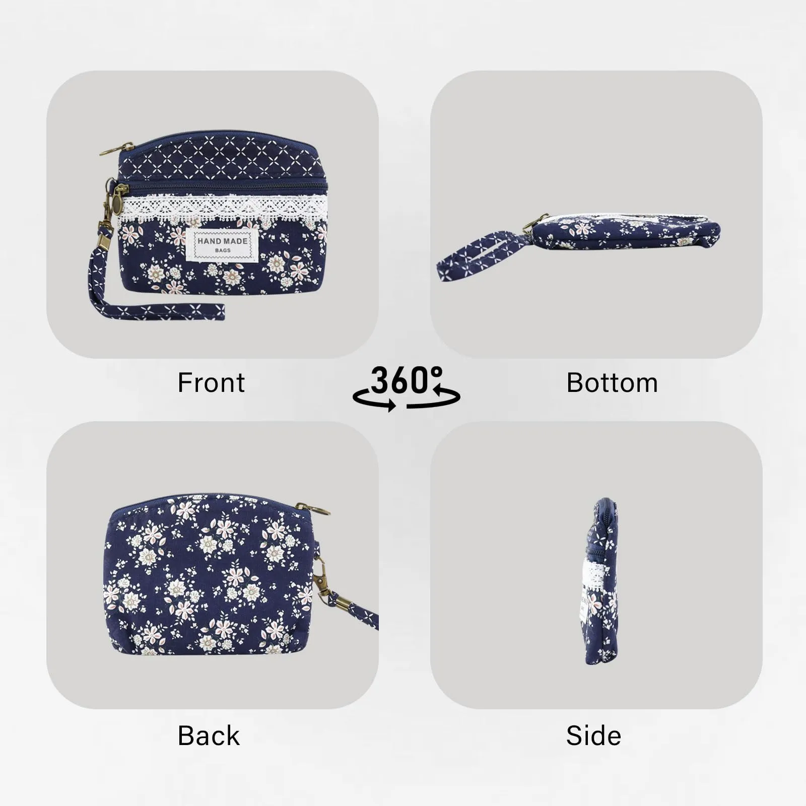 AfitLulu Portafoglio Donna Piccolo Mini Fiore con Chiusura Lampo e Cordino da Polso, Blu-A - immagine 5