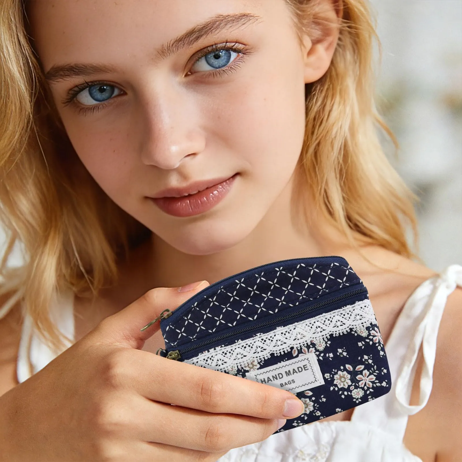 AfitLulu Portafoglio Donna Piccolo Mini Fiore con Chiusura Lampo e Cordino da Polso, Blu-A - immagine 6