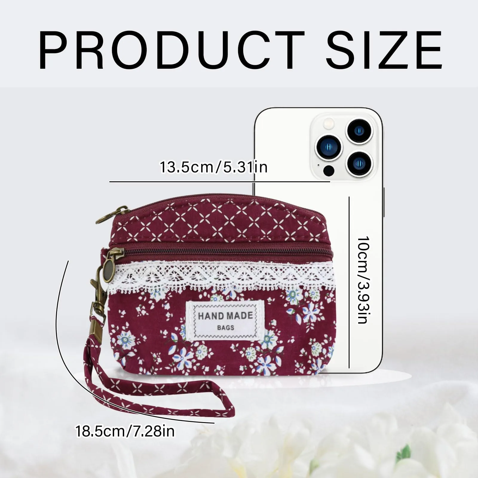 AfitLulu Portafoglio Donna Piccolo, Mini Portamonete Floreale con Chiusura Lampo e Cordino da Polso, Rosso-A - immagine 2
