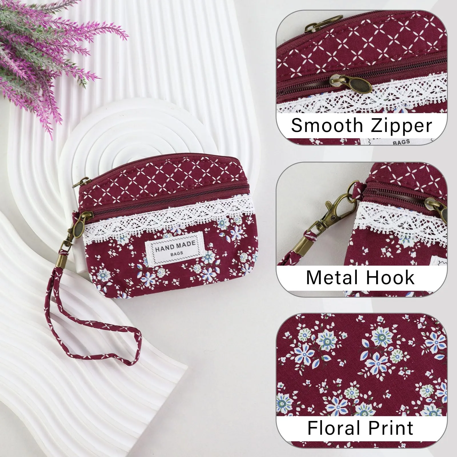 AfitLulu Portafoglio Donna Piccolo, Mini Portamonete Floreale con Chiusura Lampo e Cordino da Polso, Rosso-A - immagine 3