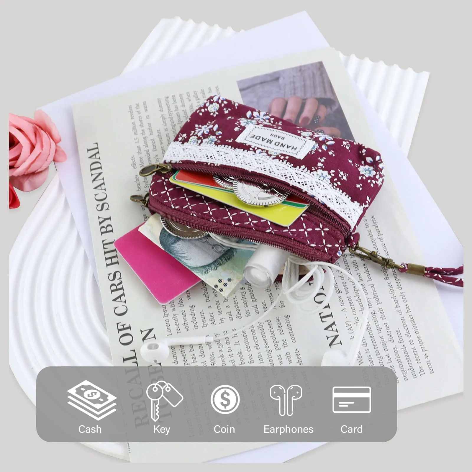 AfitLulu Portafoglio Donna Piccolo, Mini Portamonete Floreale con Chiusura Lampo e Cordino da Polso, Rosso-A - immagine 4