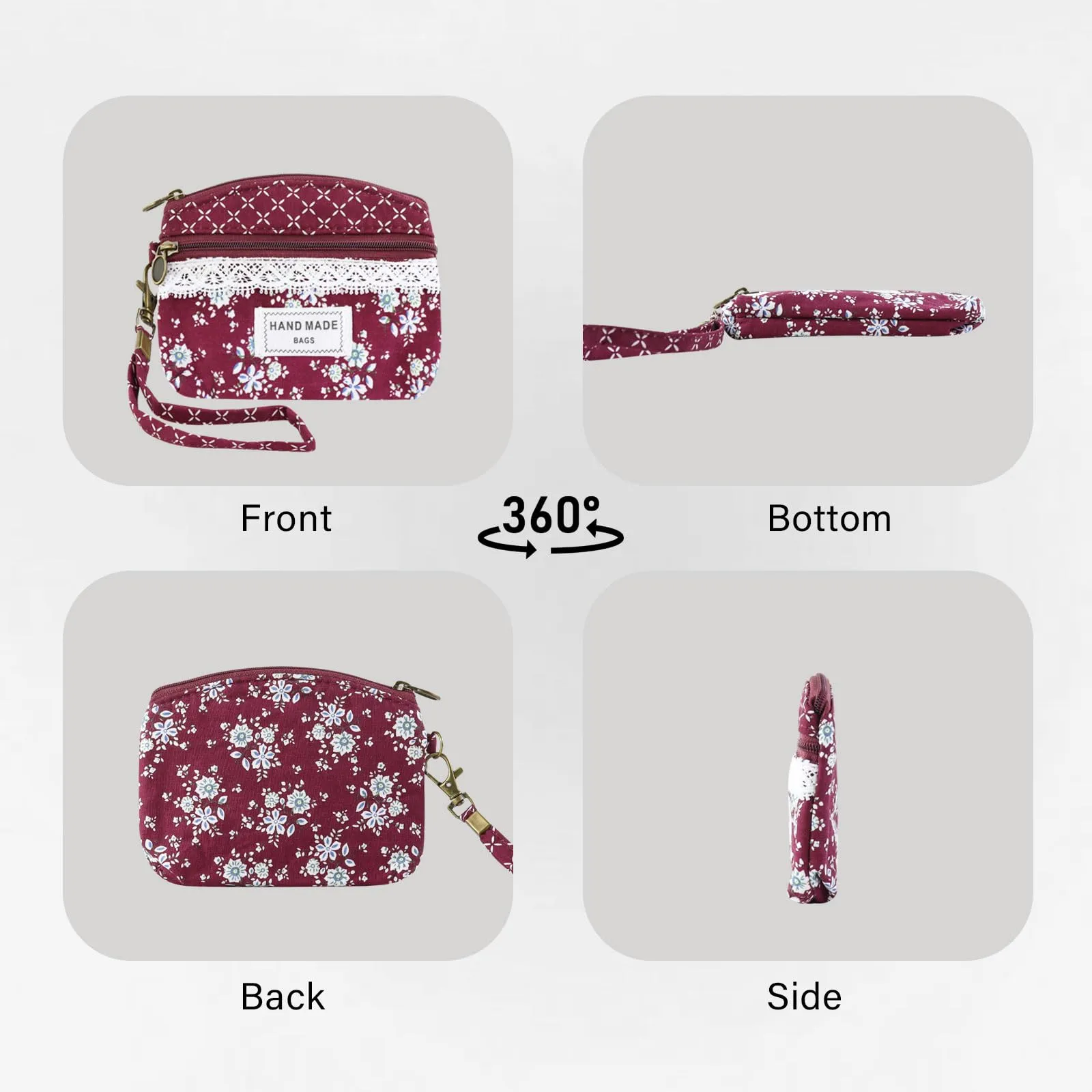 AfitLulu Portafoglio Donna Piccolo, Mini Portamonete Floreale con Chiusura Lampo e Cordino da Polso, Rosso-A - immagine 5