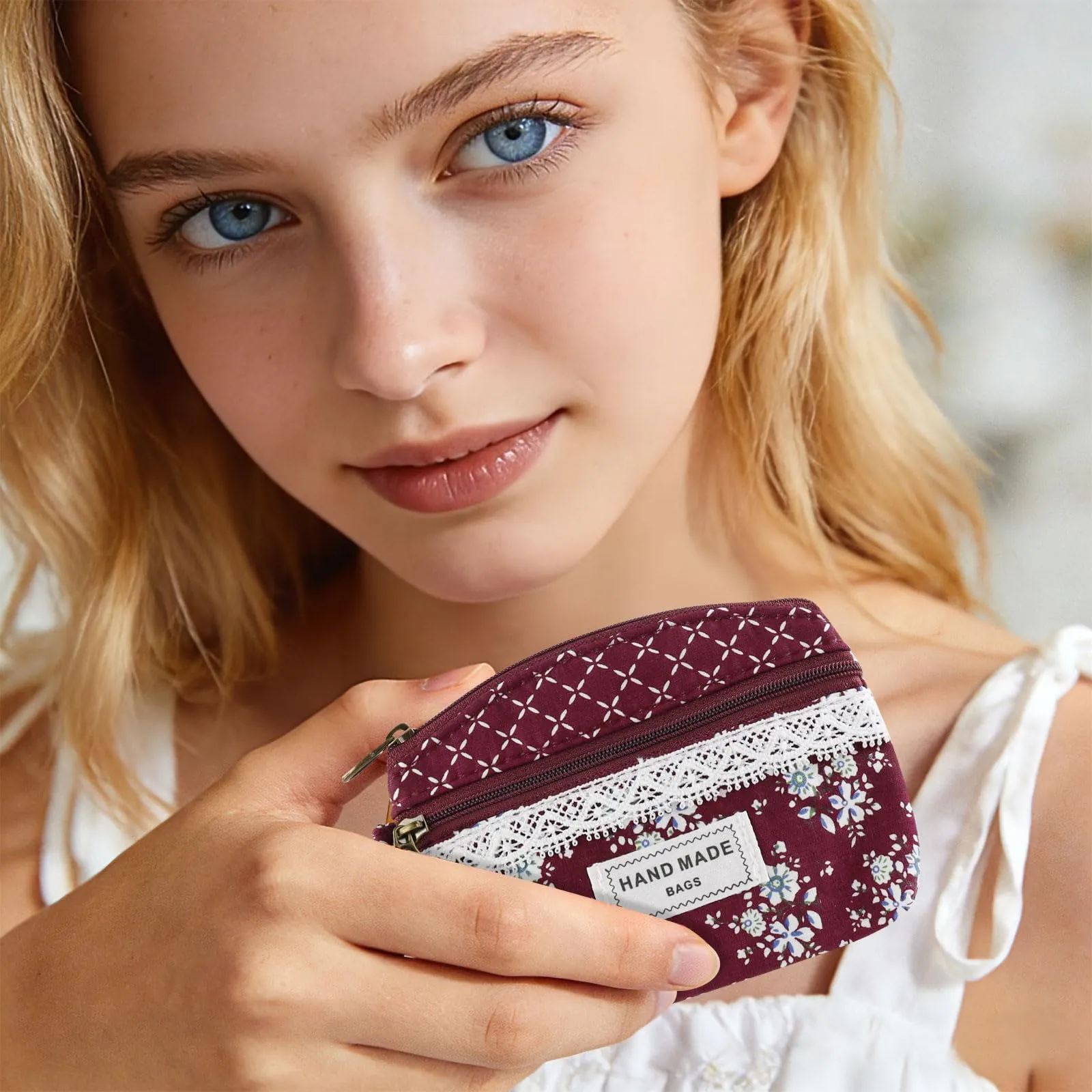 AfitLulu Portafoglio Donna Piccolo, Mini Portamonete Floreale con Chiusura Lampo e Cordino da Polso, Rosso-A - immagine 6