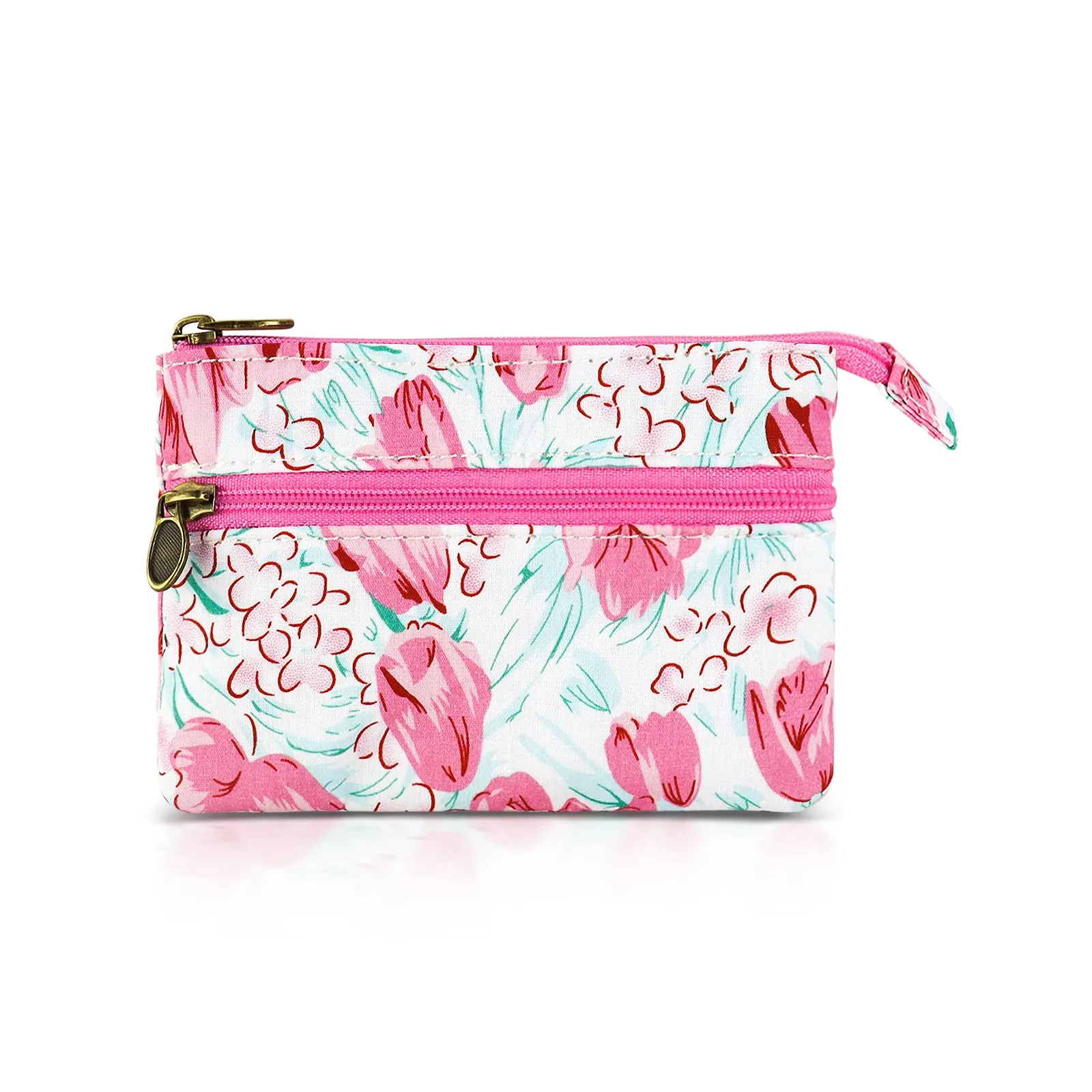AfitLulu Portafoglio Donna Piccolo, Mini Portamonete con Chiusura Lampo e Ricamo Floreale, Tulipano-Rosa - immagine 1