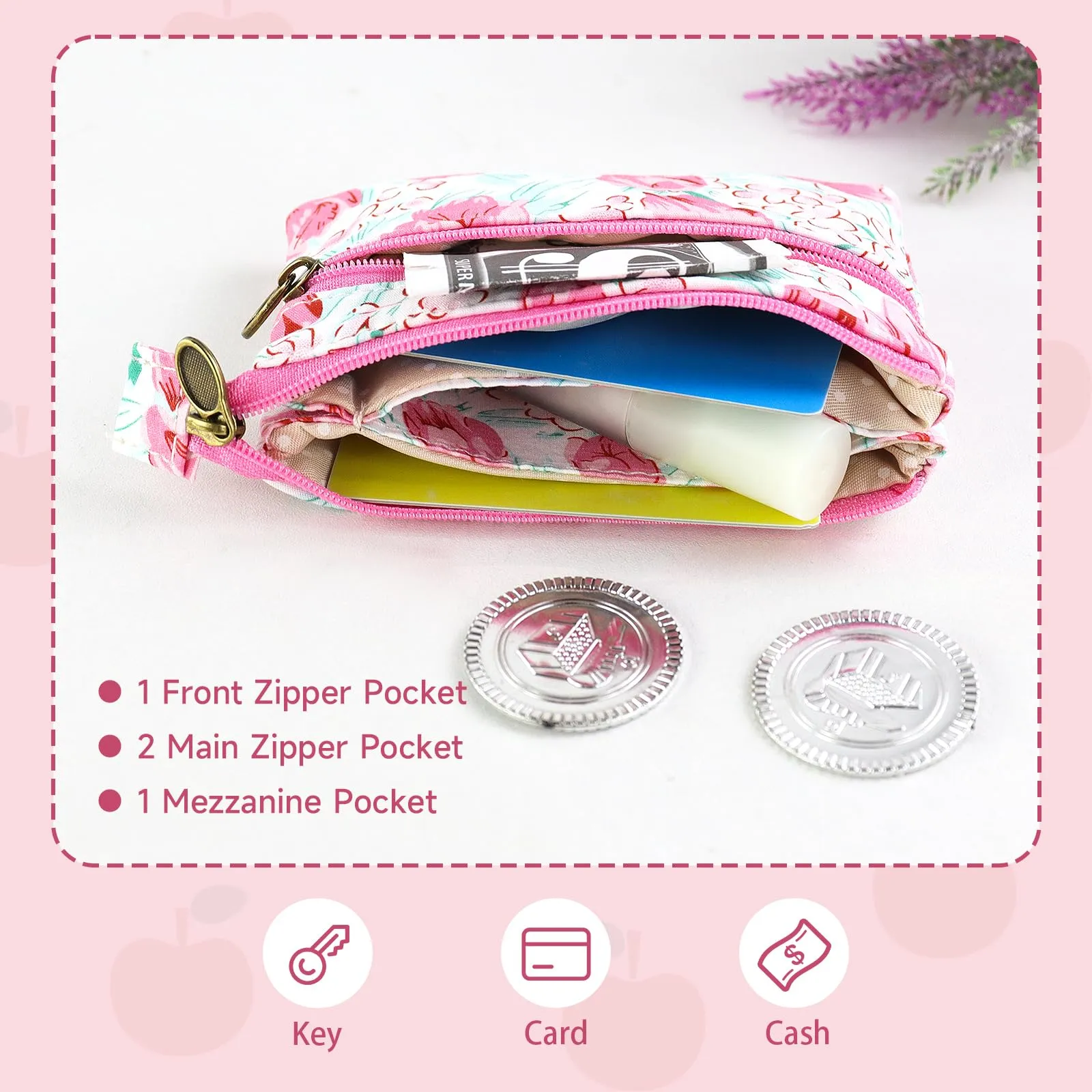 AfitLulu Portafoglio Donna Piccolo, Mini Portamonete con Chiusura Lampo e Ricamo Floreale, Tulipano-Rosa - immagine 3