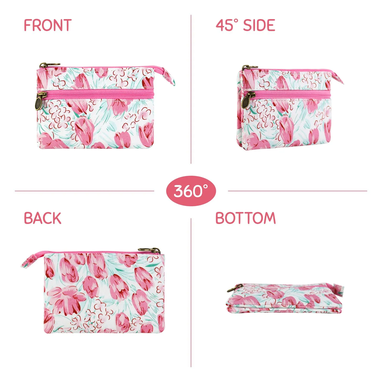 AfitLulu Portafoglio Donna Piccolo, Mini Portamonete con Chiusura Lampo e Ricamo Floreale, Tulipano-Rosa - immagine 5