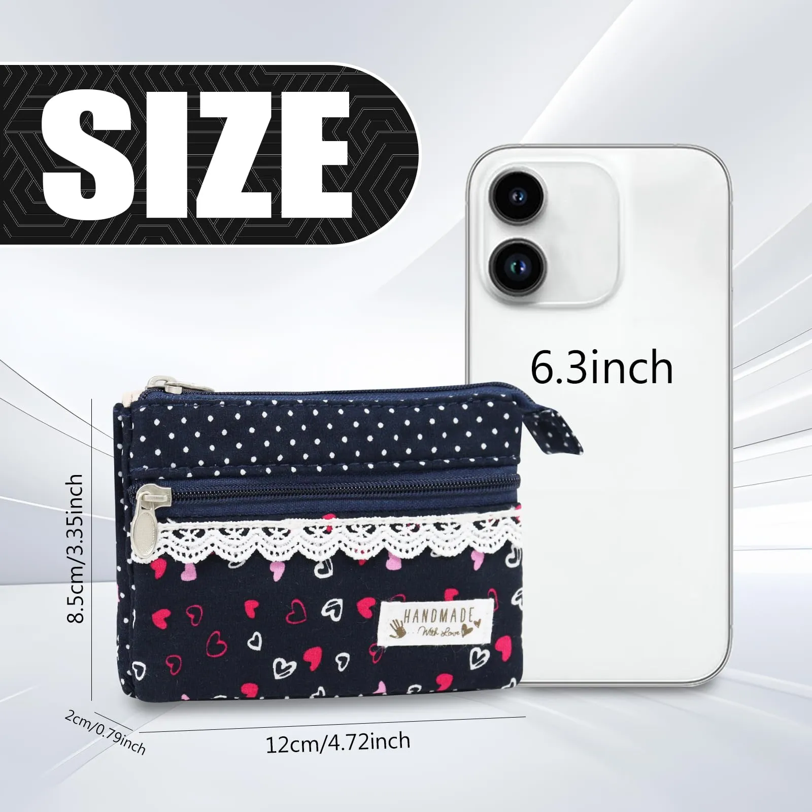AfitLulu Piccolo Portafoglio da Donna in Tela, Stile Bohémien con Cuori, 2 Strati con Chiusura Lampo, 13x10x1cm - immagine 2