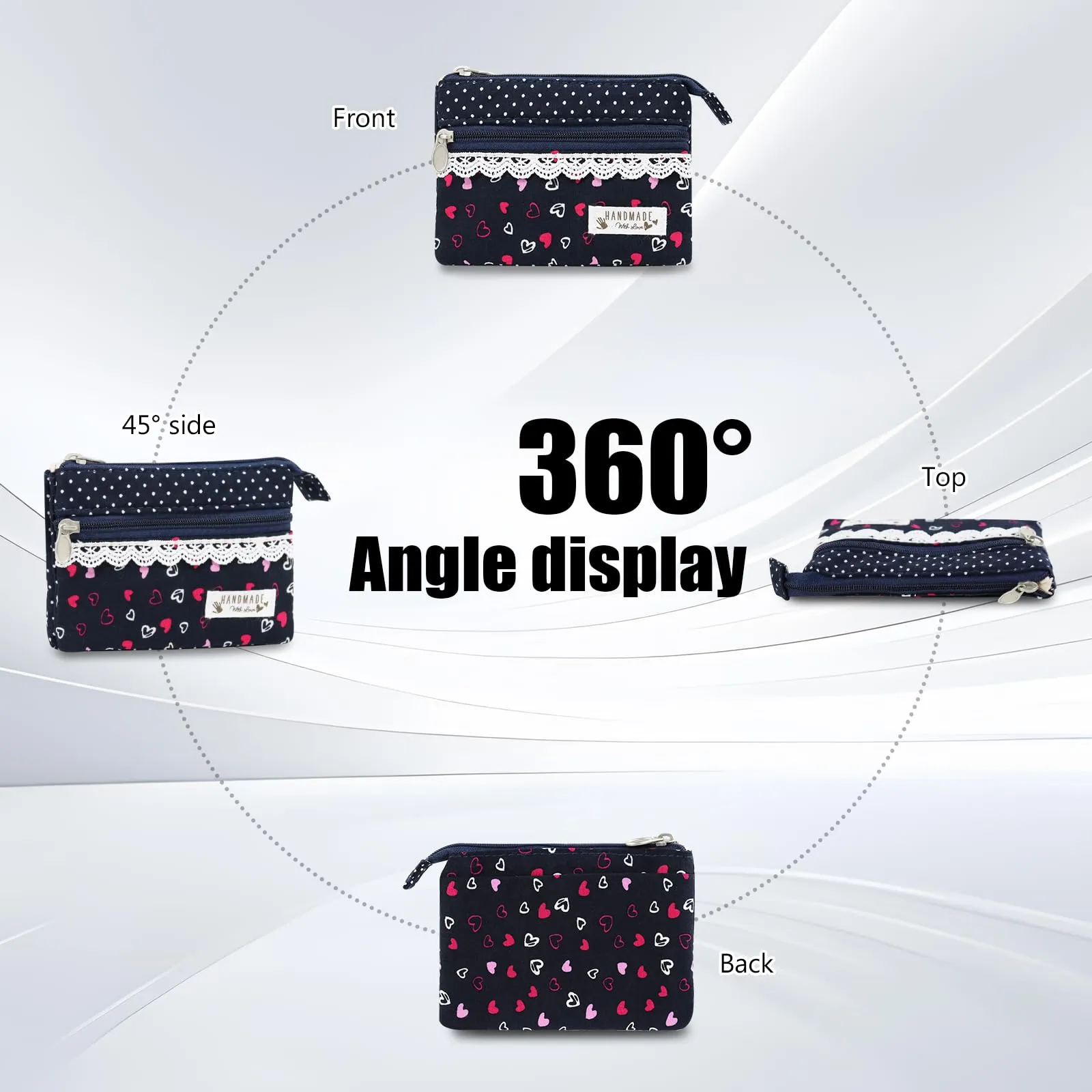 AfitLulu Piccolo Portafoglio da Donna in Tela, Stile Bohémien con Cuori, 2 Strati con Chiusura Lampo, 13x10x1cm - immagine 3