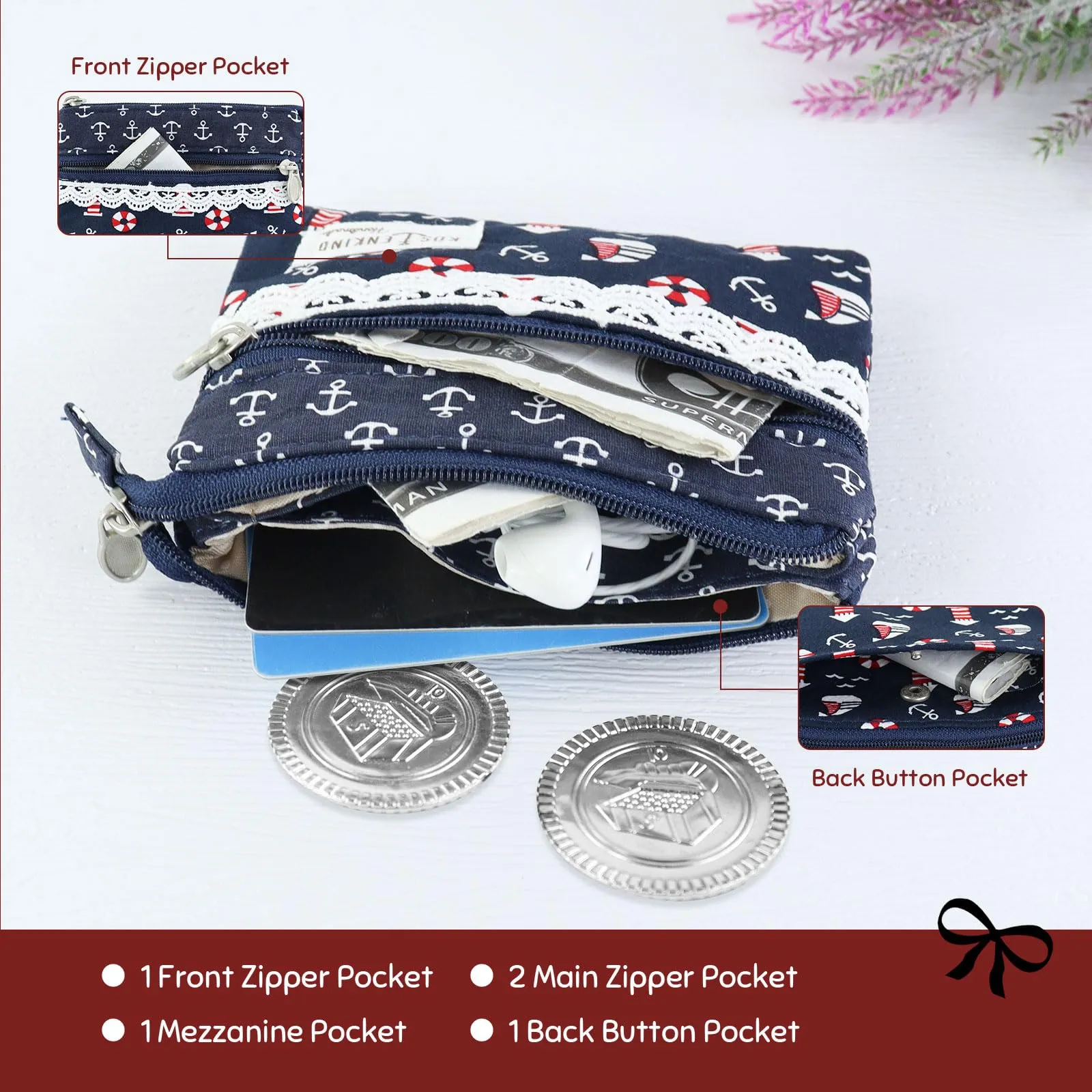 AfitLulu Portafoglio in Tela da Donna, Stile Bohémien con Tasche con Zip, Motivo Barca a Vela, 13x10x1cm - immagine 4
