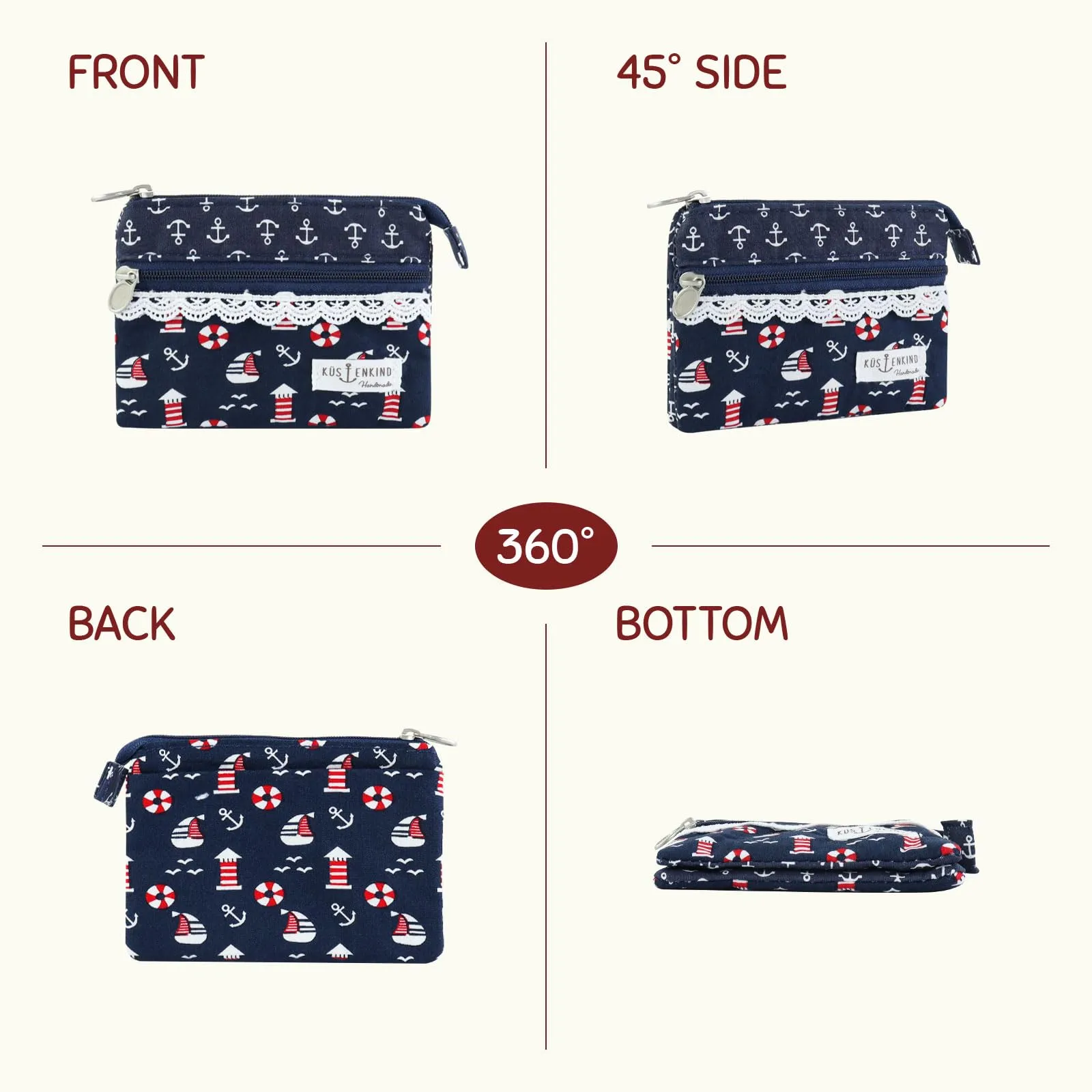 AfitLulu Portafoglio in Tela da Donna, Stile Bohémien con Tasche con Zip, Motivo Barca a Vela, 13x10x1cm - immagine 5