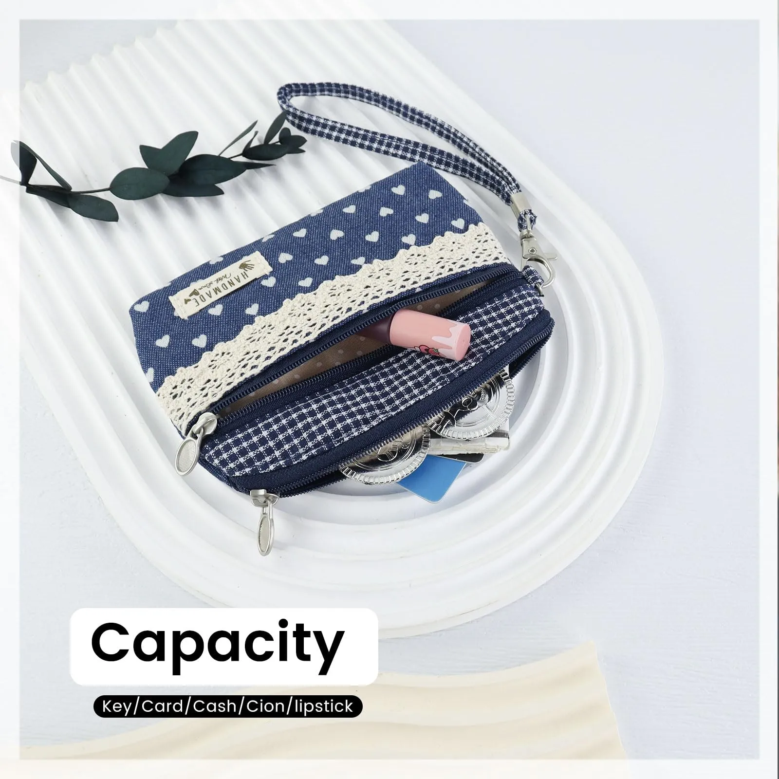 AfitLulu Portafoglio da donna in tela, stile bohémien, 2 strati con cerniera, Cuore di pesca-2, 13x10x1cm - immagine 4