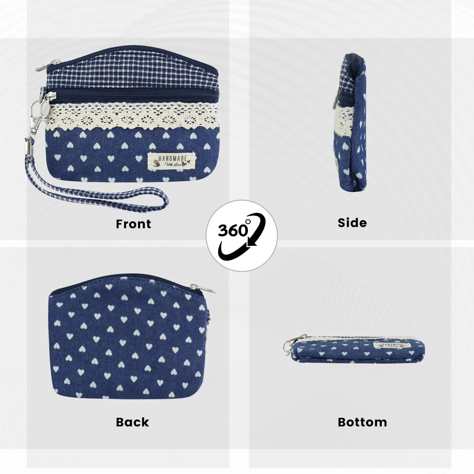 AfitLulu Portafoglio da donna in tela, stile bohémien, 2 strati con cerniera, Cuore di pesca-2, 13x10x1cm - immagine 5