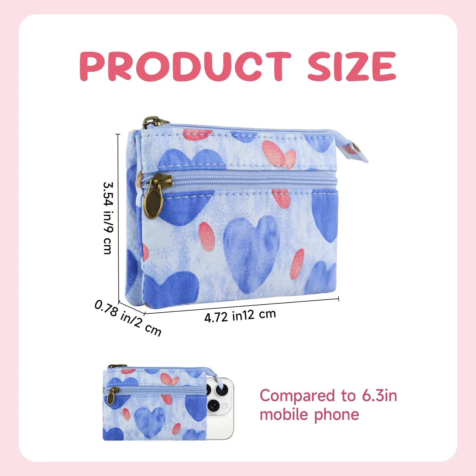 AfitLulu Portafoglio Donna Piccolo in Tela con Ricamo, Mini Portamonete con 4 Tasche e Chiusura Lampo (Cuore-Blu) - immagine 2