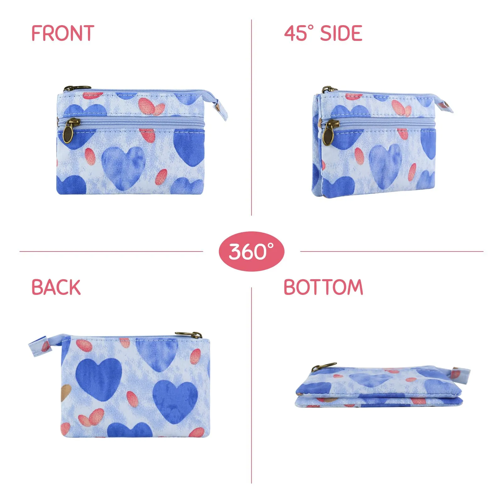 AfitLulu Portafoglio Donna Piccolo in Tela con Ricamo, Mini Portamonete con 4 Tasche e Chiusura Lampo (Cuore-Blu) - immagine 3