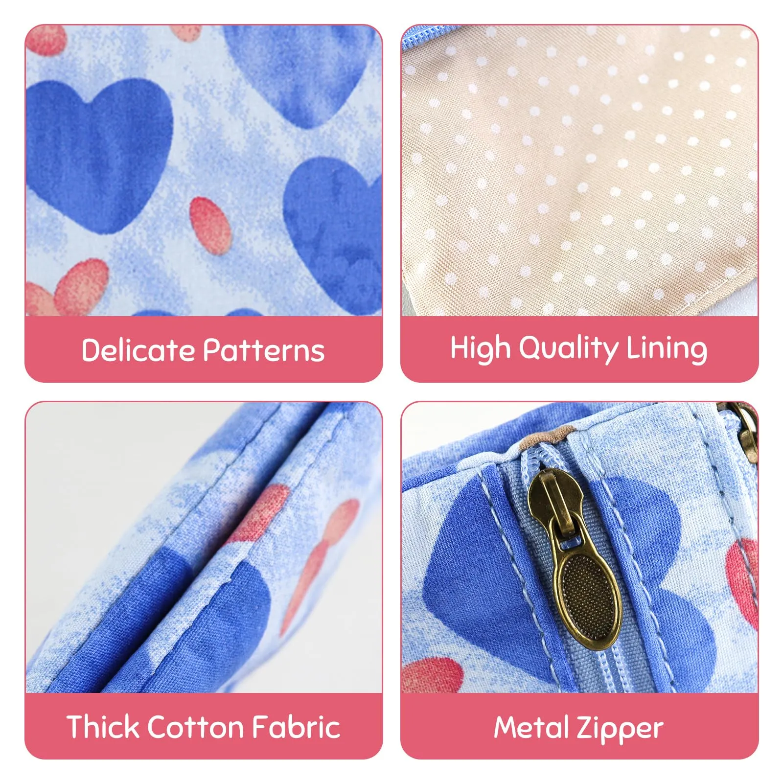 AfitLulu Portafoglio Donna Piccolo in Tela con Ricamo, Mini Portamonete con 4 Tasche e Chiusura Lampo (Cuore-Blu) - immagine 4