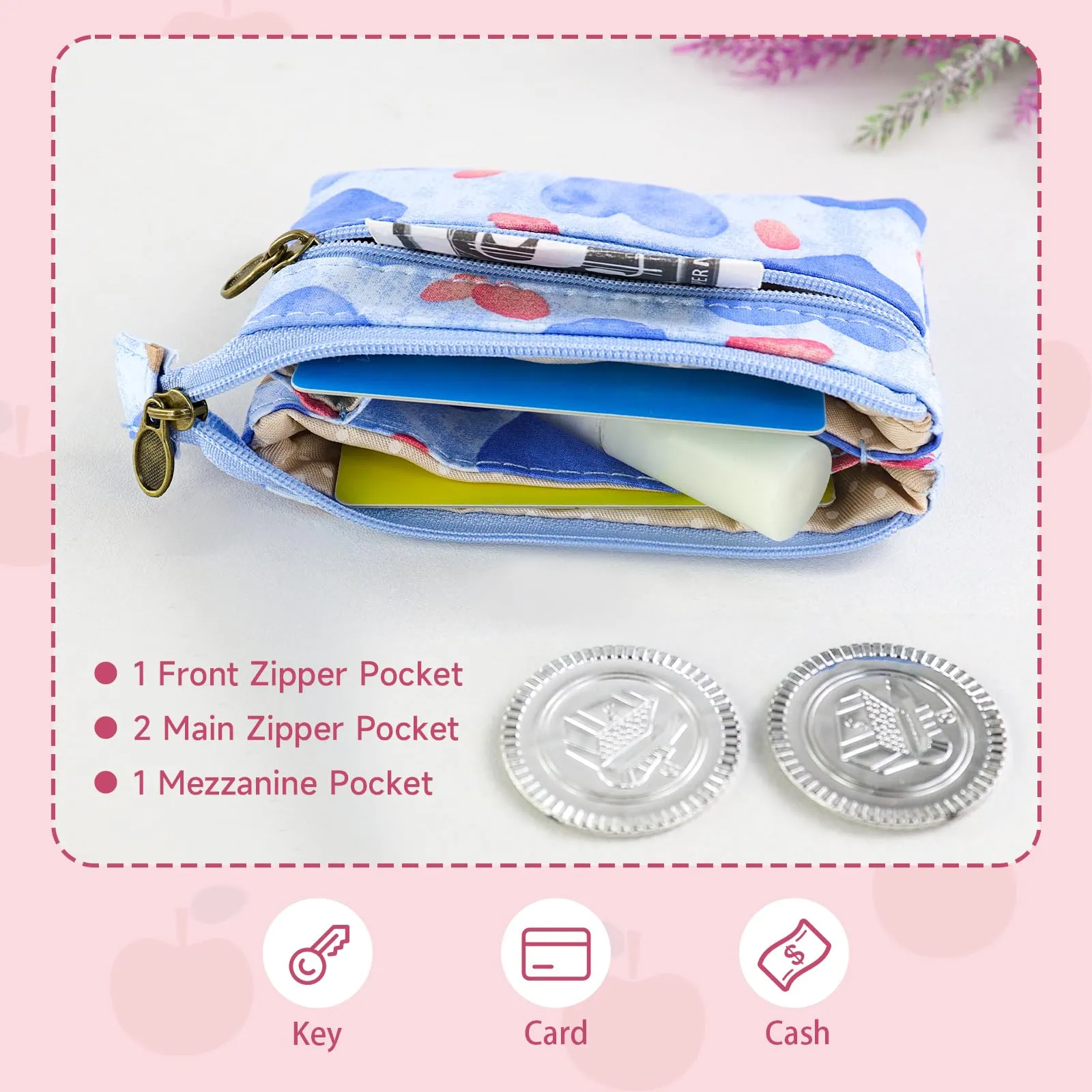 AfitLulu Portafoglio Donna Piccolo in Tela con Ricamo, Mini Portamonete con 4 Tasche e Chiusura Lampo (Cuore-Blu) - immagine 5