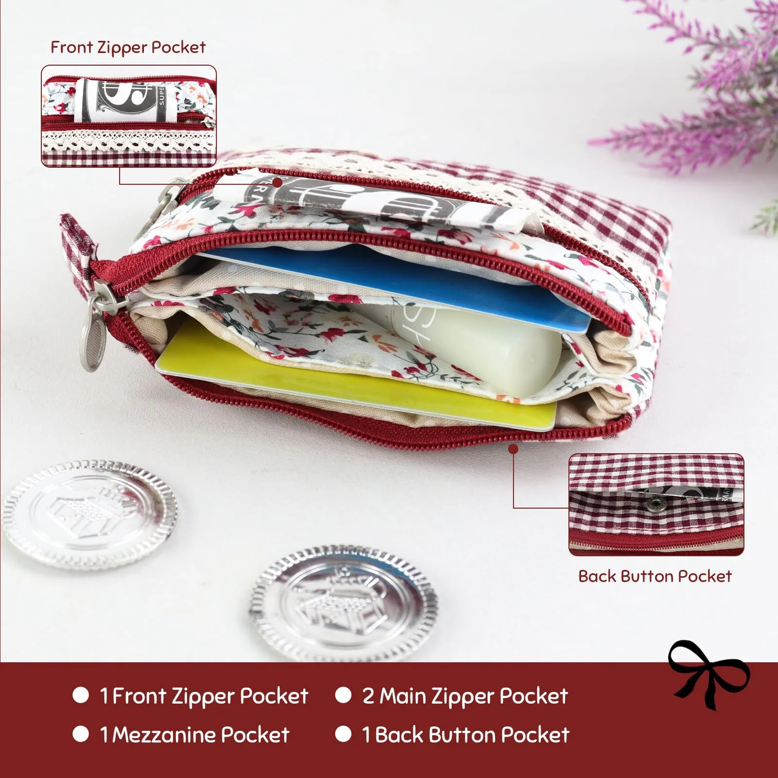 AfitLulu Portafoglio Donna Piccolo Mini Fiore, Portamonete con 5 Tasche, Chiusura a Zip e Bottoni a Pressione, Rosso-1 - immagine 3