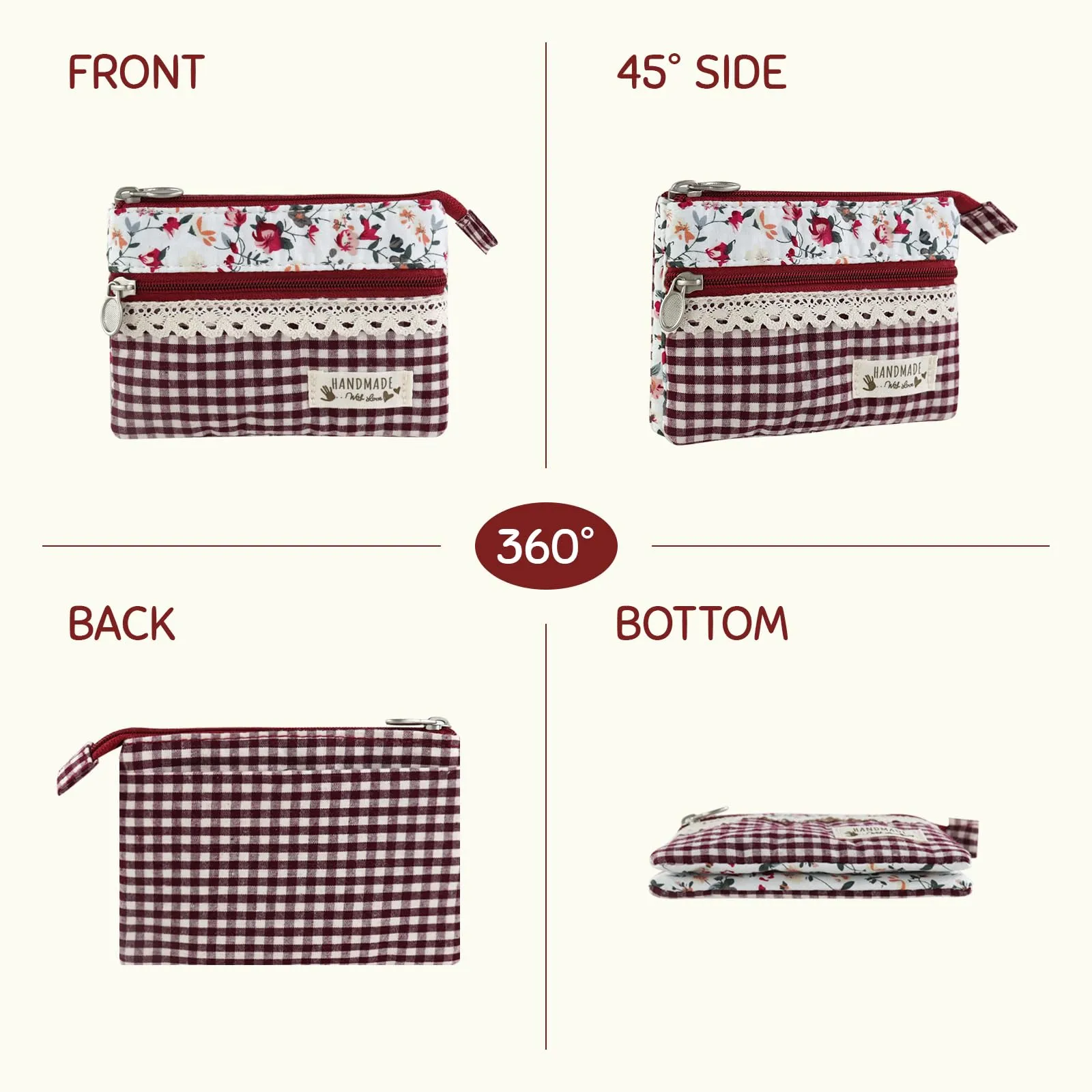 AfitLulu Portafoglio Donna Piccolo Mini Fiore, Portamonete con 5 Tasche, Chiusura a Zip e Bottoni a Pressione, Rosso-1 - immagine 5