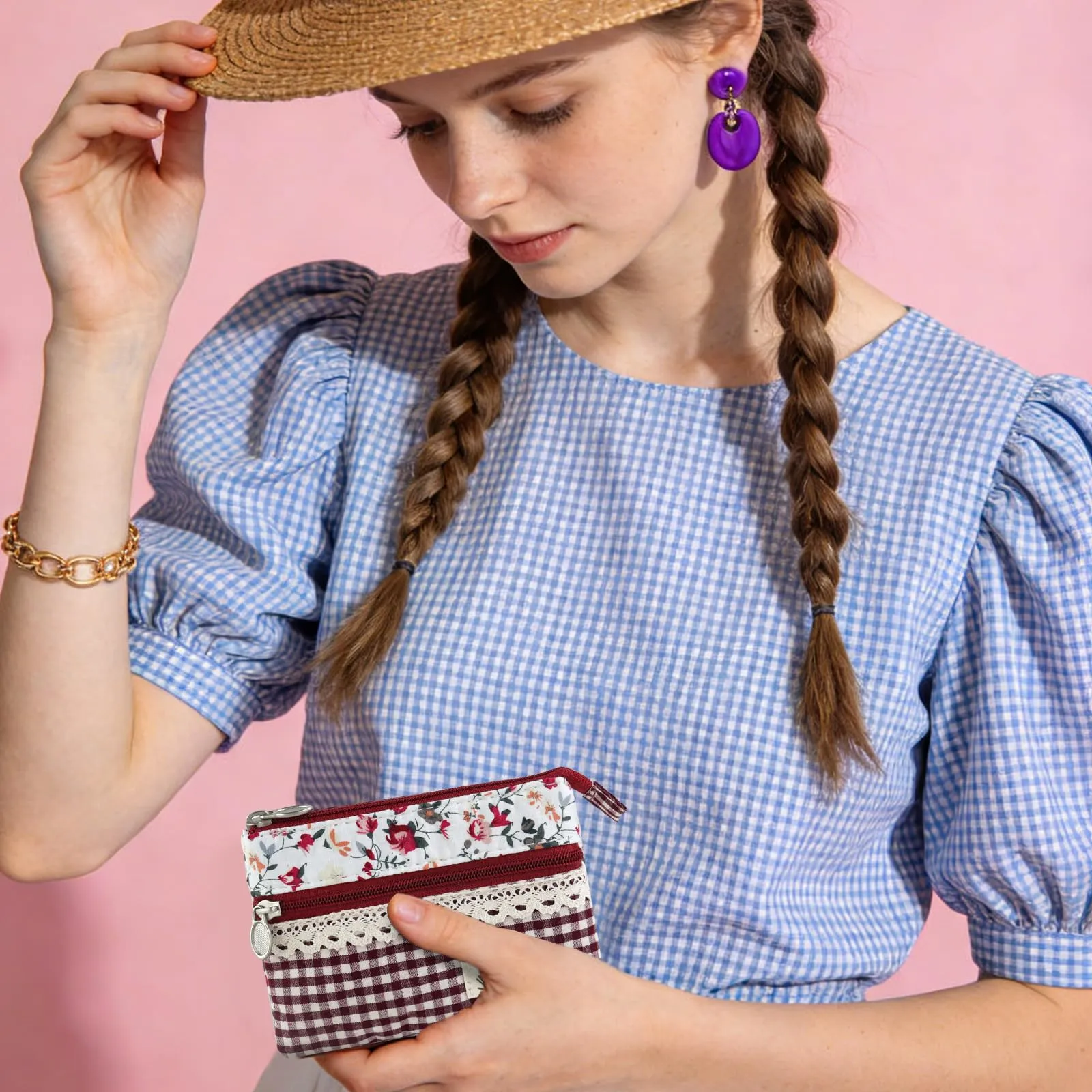 AfitLulu Portafoglio Donna Piccolo Mini Fiore, Portamonete con 5 Tasche, Chiusura a Zip e Bottoni a Pressione, Rosso-1 - immagine 6