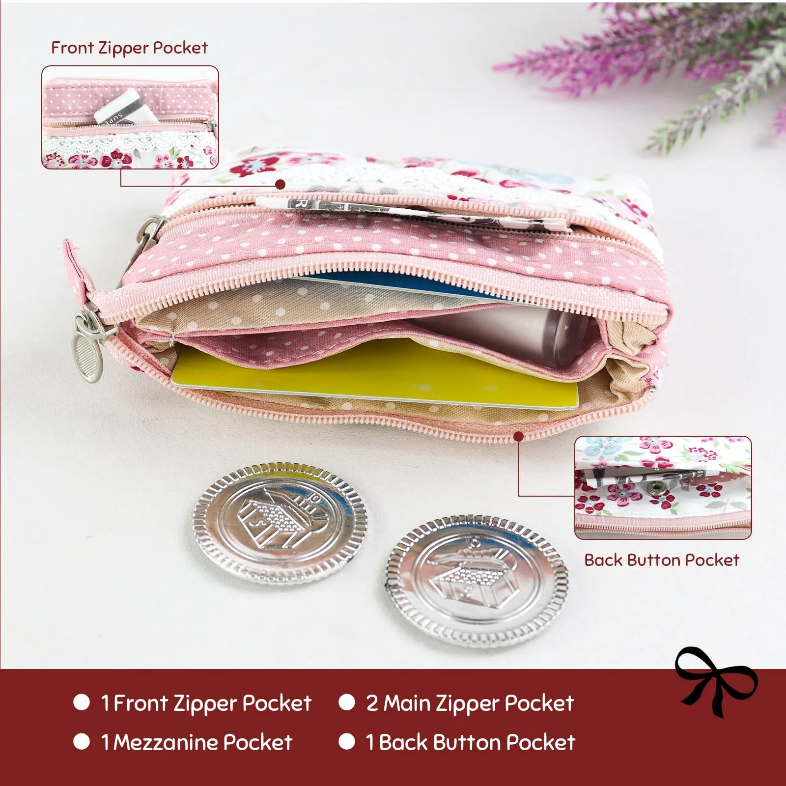 AfitLulu Portafoglio Donna Piccolo Floreale in Tela, Mini Portamonete con 5 Tasche, Zip e Bottoni a Pressione (Rosa-Bianco) - immagine 3