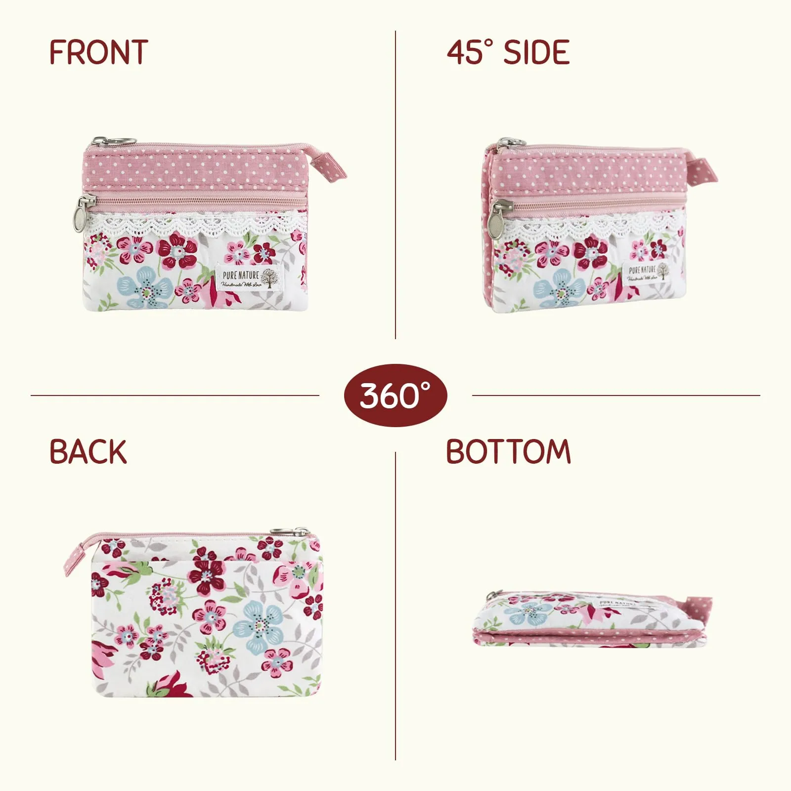 AfitLulu Portafoglio Donna Piccolo Floreale in Tela, Mini Portamonete con 5 Tasche, Zip e Bottoni a Pressione (Rosa-Bianco) - immagine 4