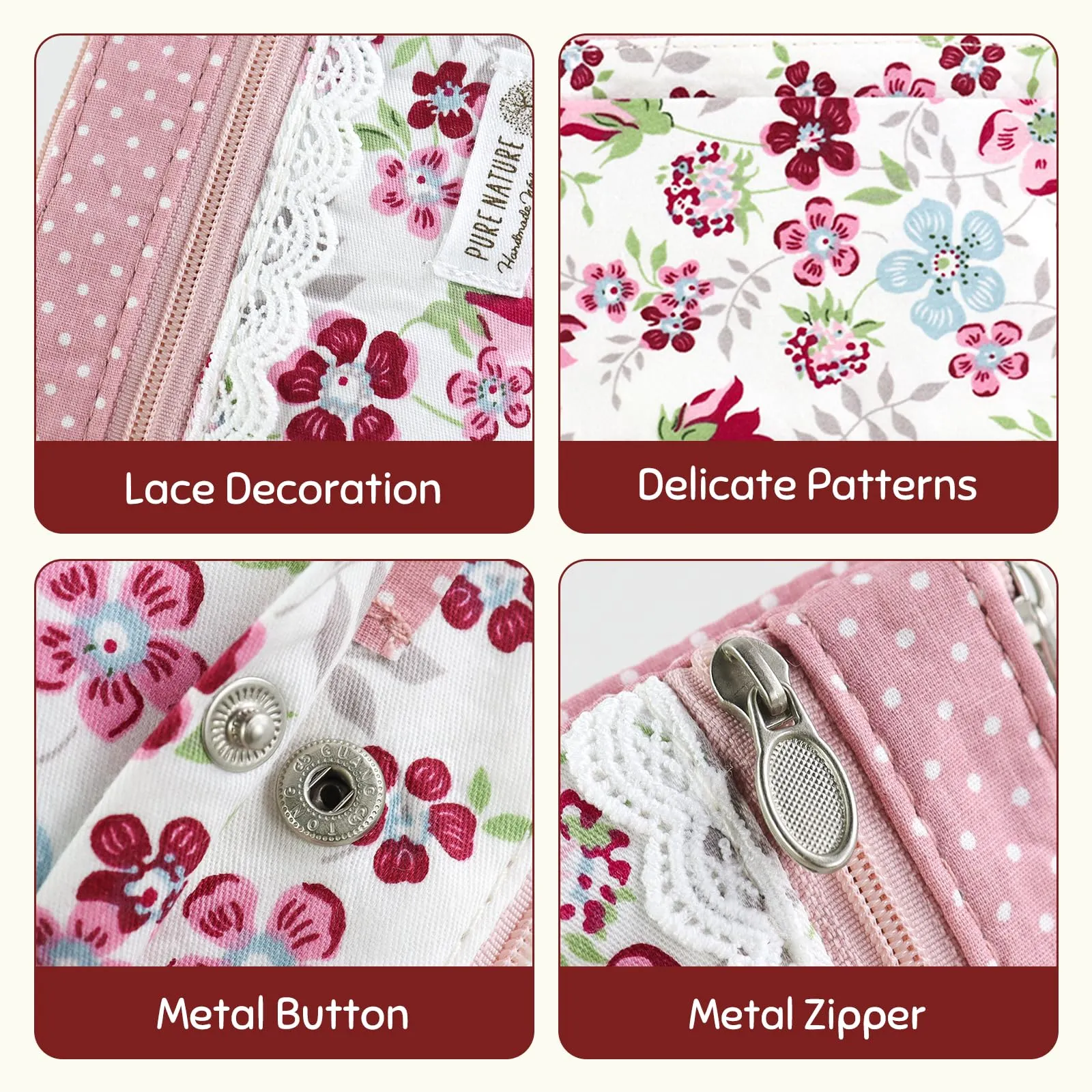 AfitLulu Portafoglio Donna Piccolo Floreale in Tela, Mini Portamonete con 5 Tasche, Zip e Bottoni a Pressione (Rosa-Bianco) - immagine 5