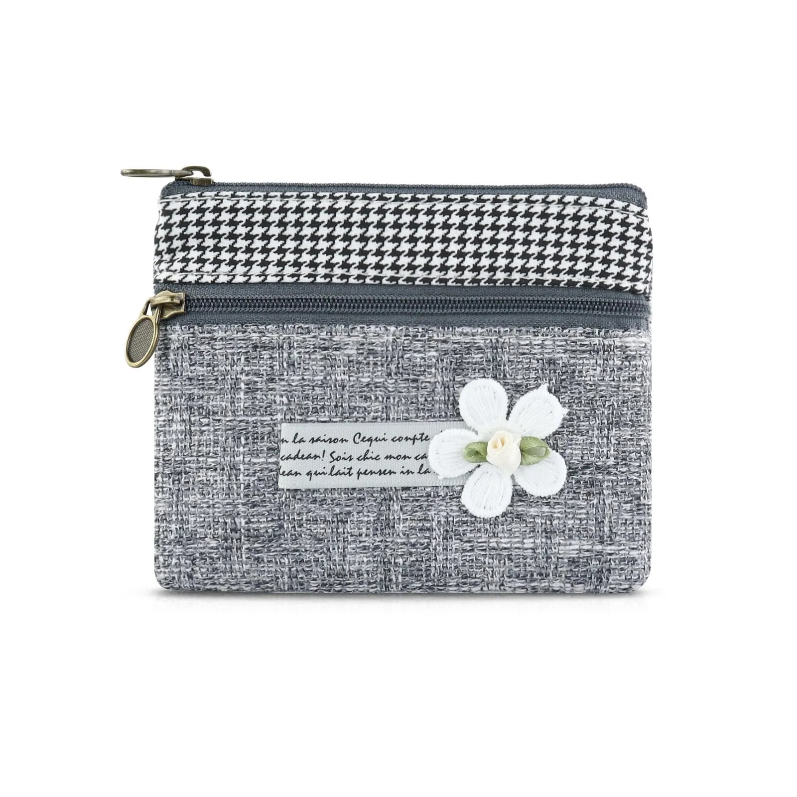AfitLulu Mini Portafoglio in Tela da Donna Stile Bohemien, Due Scomparti con Cerniera, Fiore-Grigio, 13 x 10 x 1 cm - immagine 1