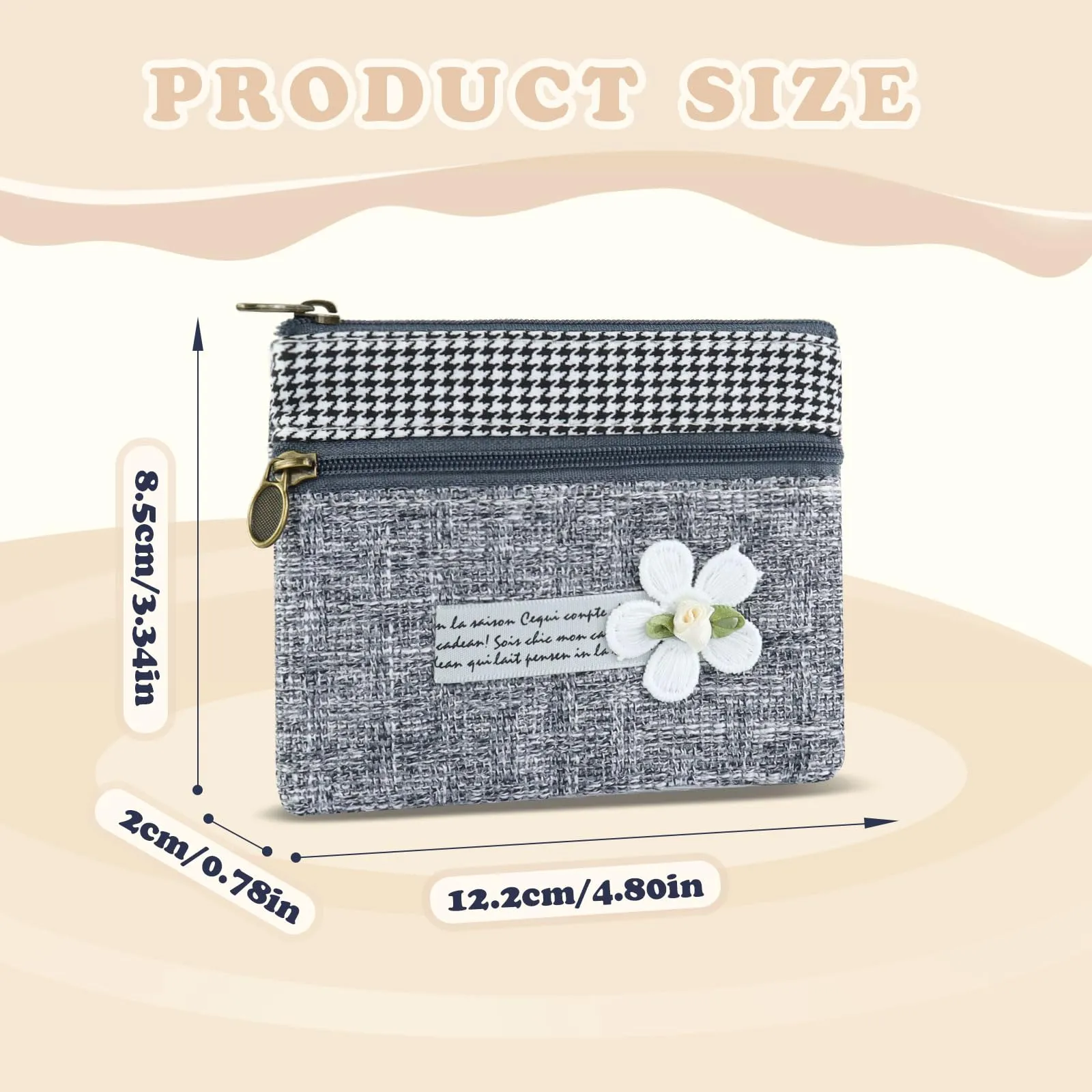 AfitLulu Mini Portafoglio in Tela da Donna Stile Bohemien, Due Scomparti con Cerniera, Fiore-Grigio, 13 x 10 x 1 cm - immagine 2