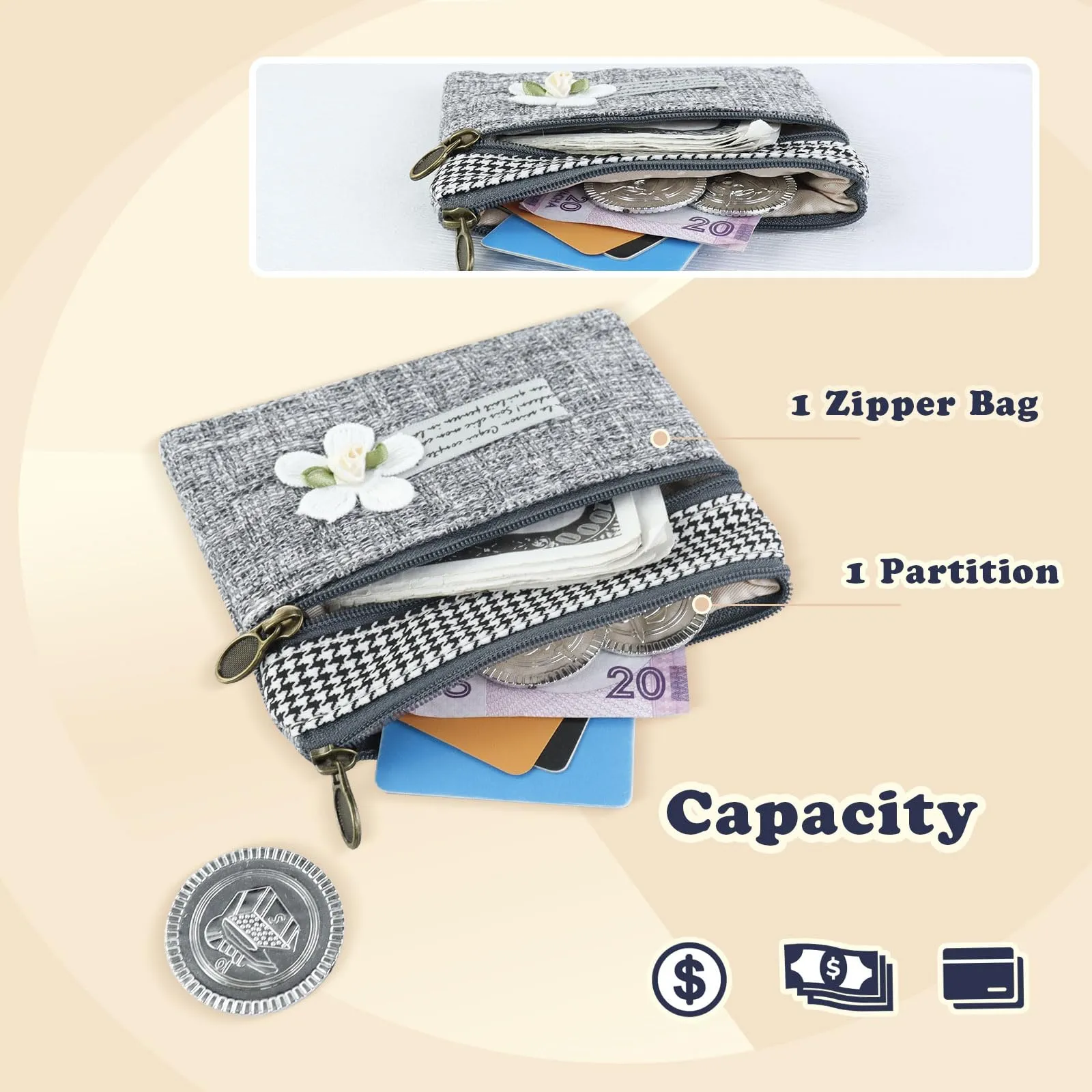 AfitLulu Mini Portafoglio in Tela da Donna Stile Bohemien, Due Scomparti con Cerniera, Fiore-Grigio, 13 x 10 x 1 cm - immagine 4