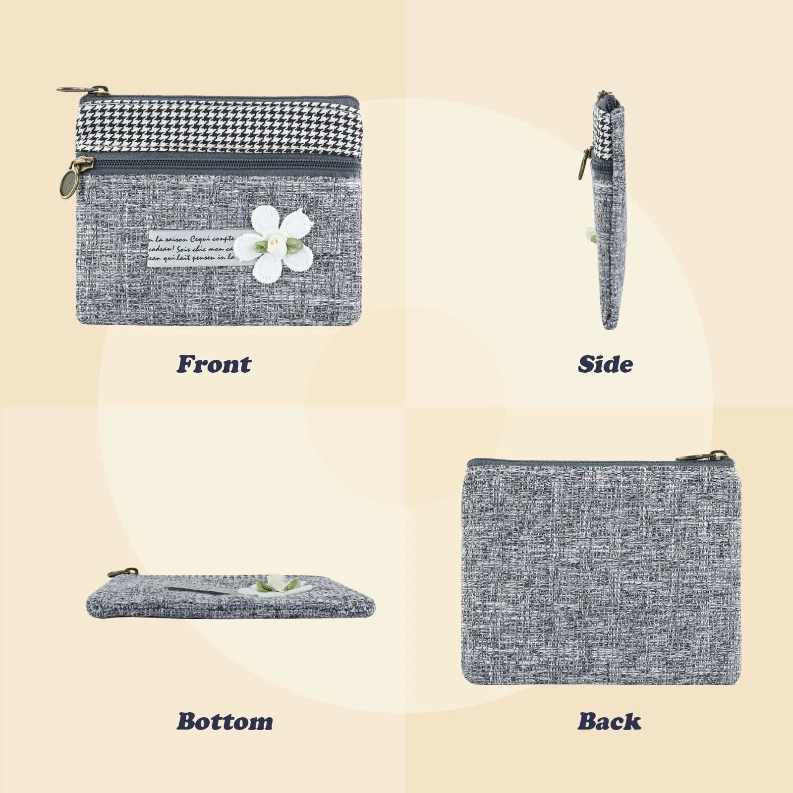 AfitLulu Mini Portafoglio in Tela da Donna Stile Bohemien, Due Scomparti con Cerniera, Fiore-Grigio, 13 x 10 x 1 cm - immagine 5