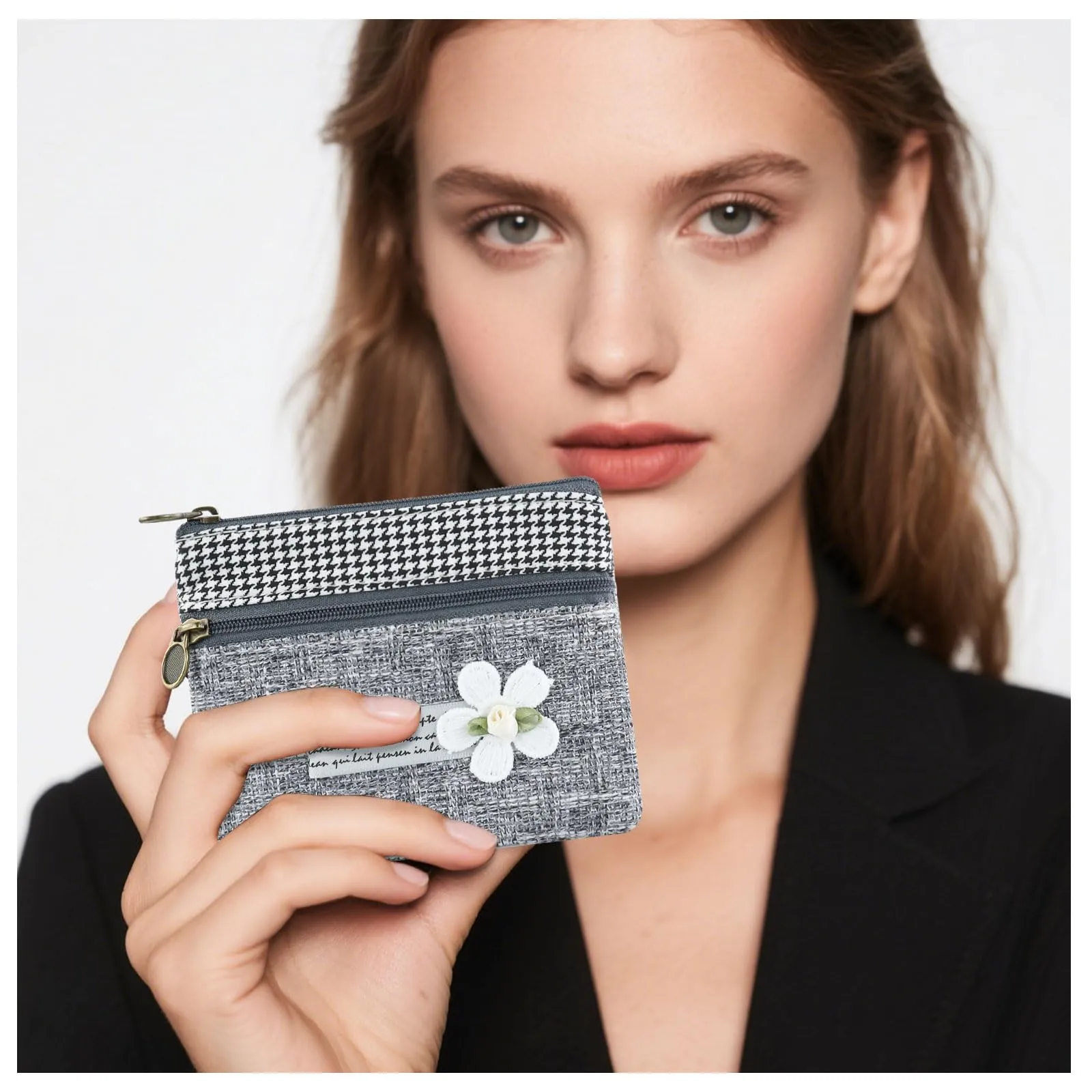 AfitLulu Mini Portafoglio in Tela da Donna Stile Bohemien, Due Scomparti con Cerniera, Fiore-Grigio, 13 x 10 x 1 cm - immagine 6