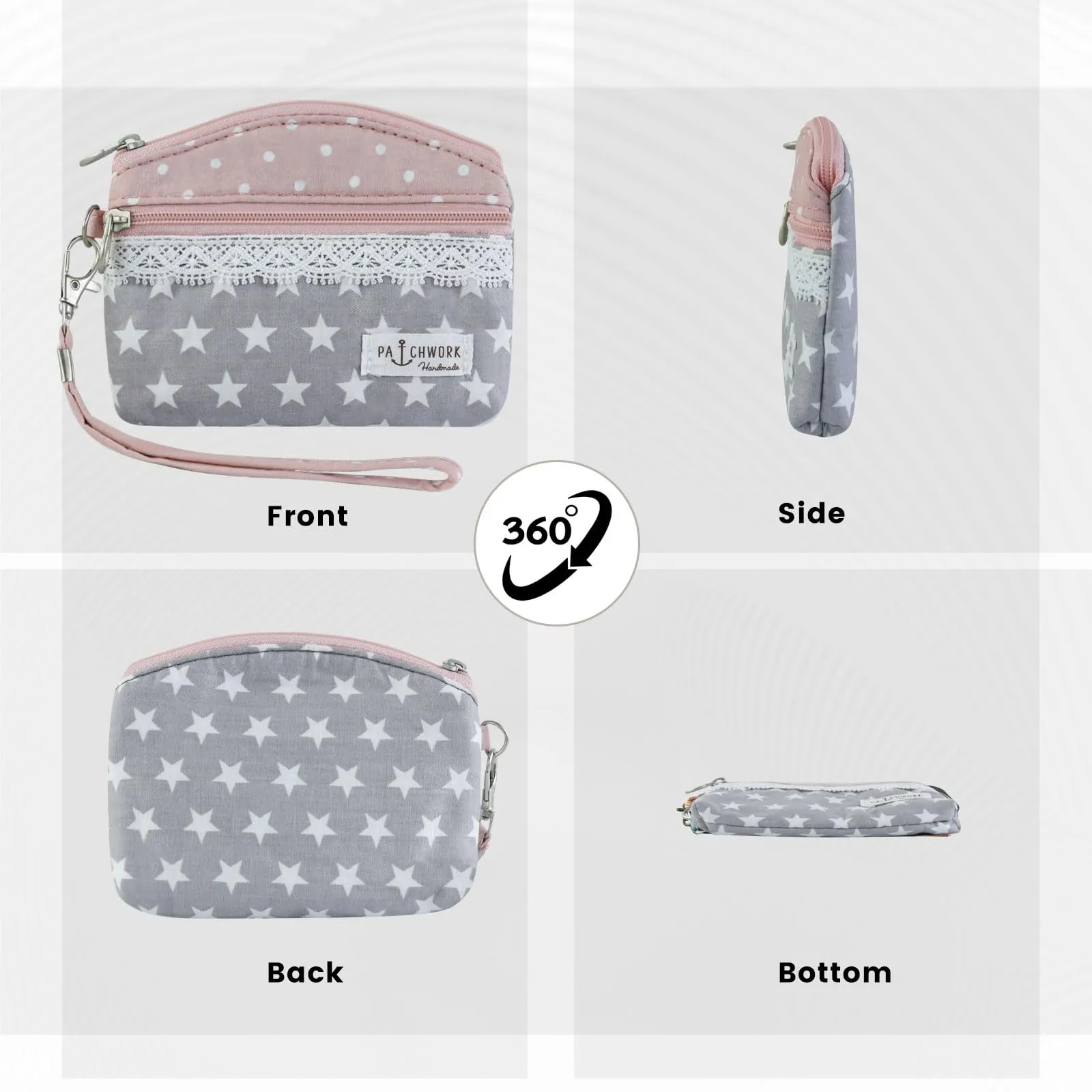 AfitLulu Piccolo Portafoglio da Donna in Tela, 2 Strati con Cerniera, Stile Bohémien, Stella Rosa, 13*10*1cm - immagine 5