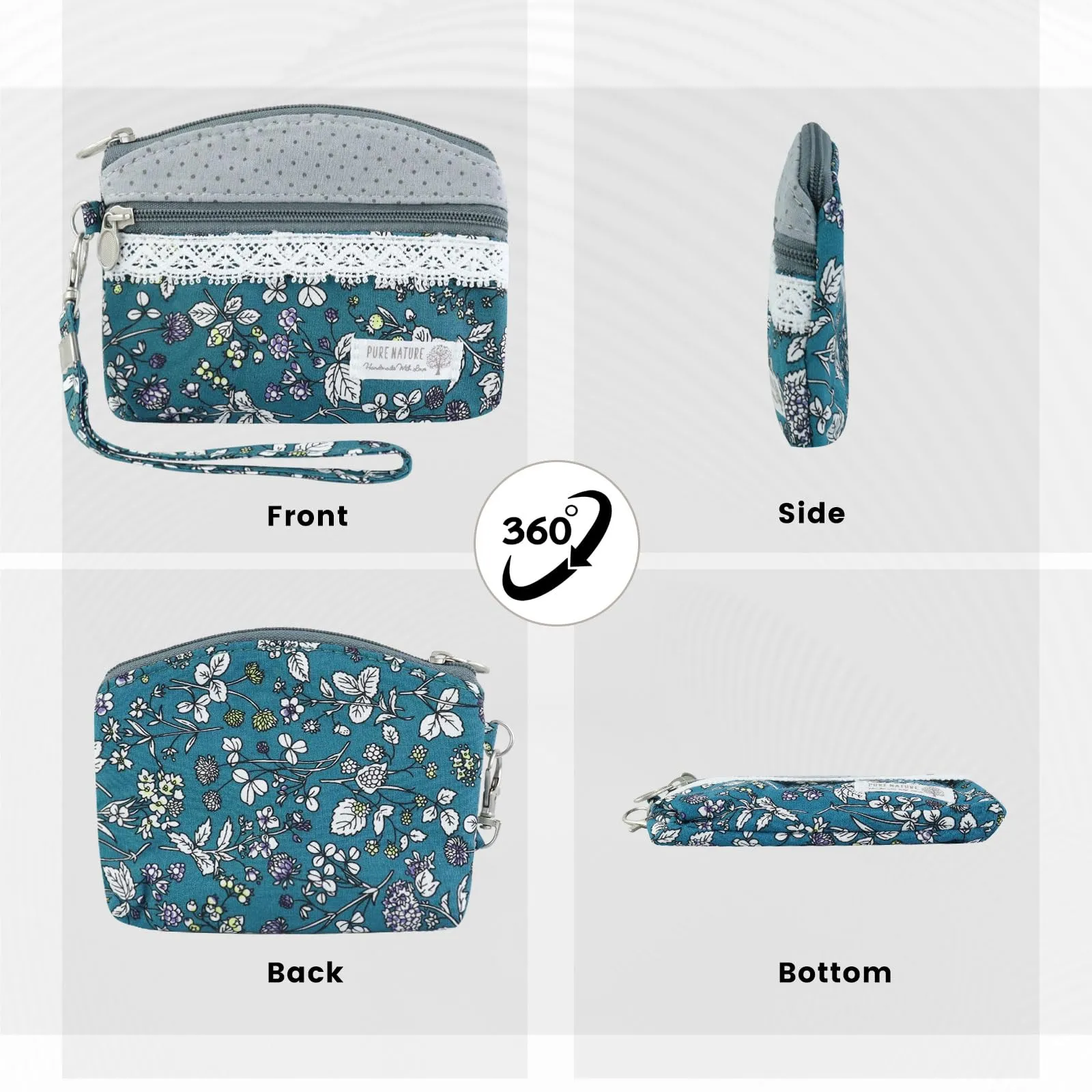 AfitLulu Piccolo portafoglio da donna in tela, 2 strati con cerniera, stile bohémien, Azzurro, 13x10x1cm - immagine 5