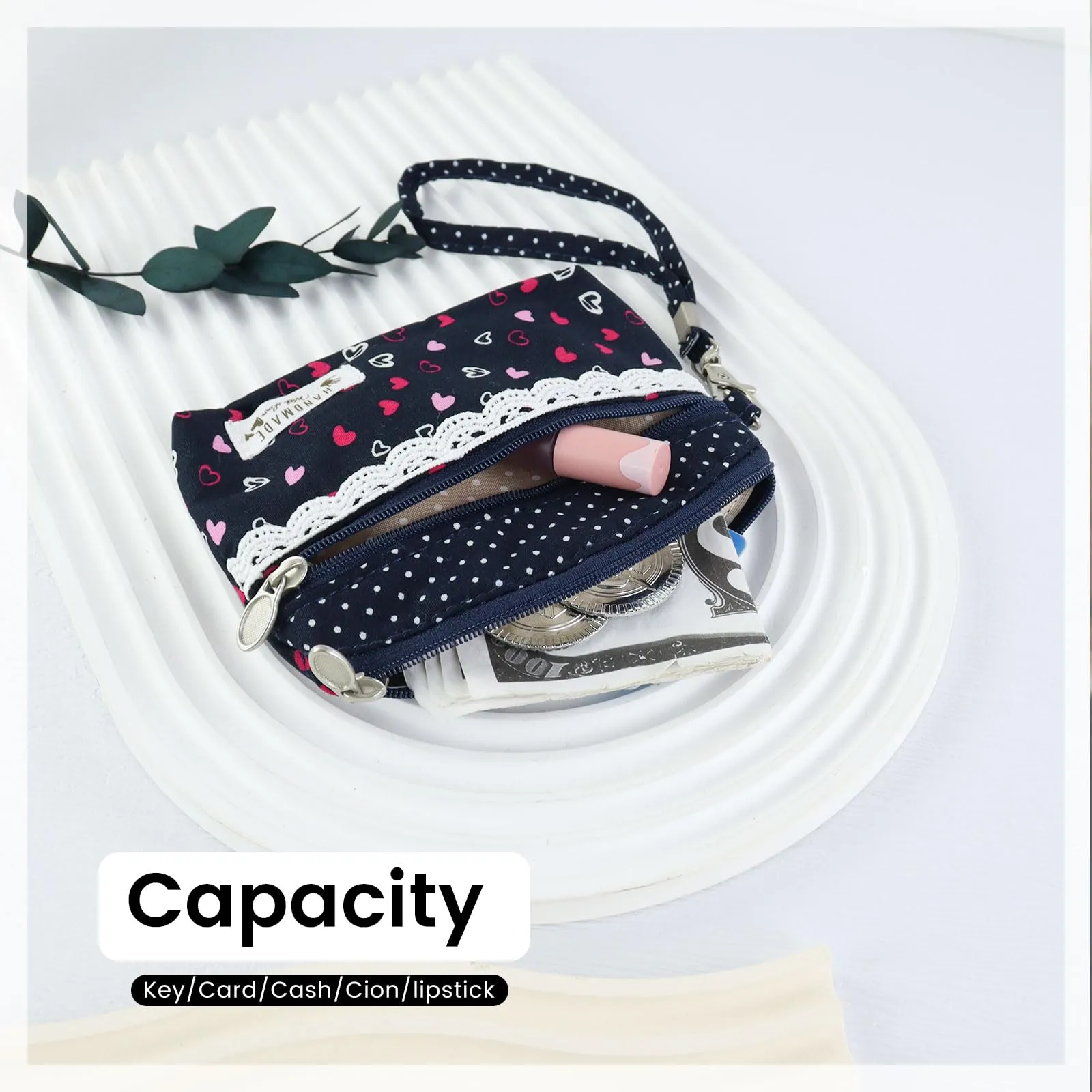 AfitLulu Portafoglio da Donna in Tela Stile Bohémien, 2 Strati con Cerniera, Cuore di Pesca 1, 13x10x1cm - immagine 4