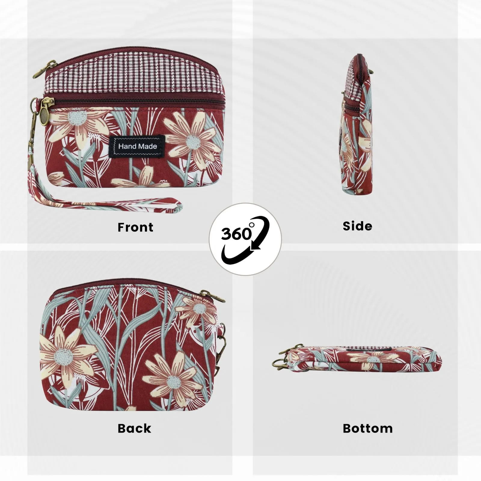 AfitLulu Portafoglio da donna in tela, 2 strati con cerniera, stile bohémien, rosso, 13*10*1cm - immagine 5
