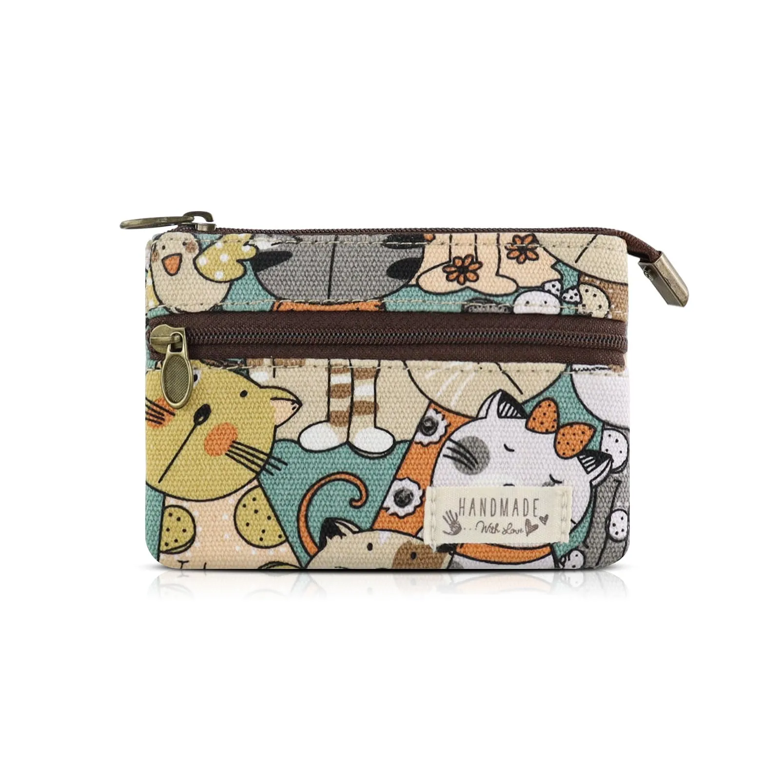 AfitLulu Piccolo Portafoglio da Donna in Tela, 2 Strati con Cerniera, Stile Bohémien, Gattino, 13x10x1cm - immagine 1