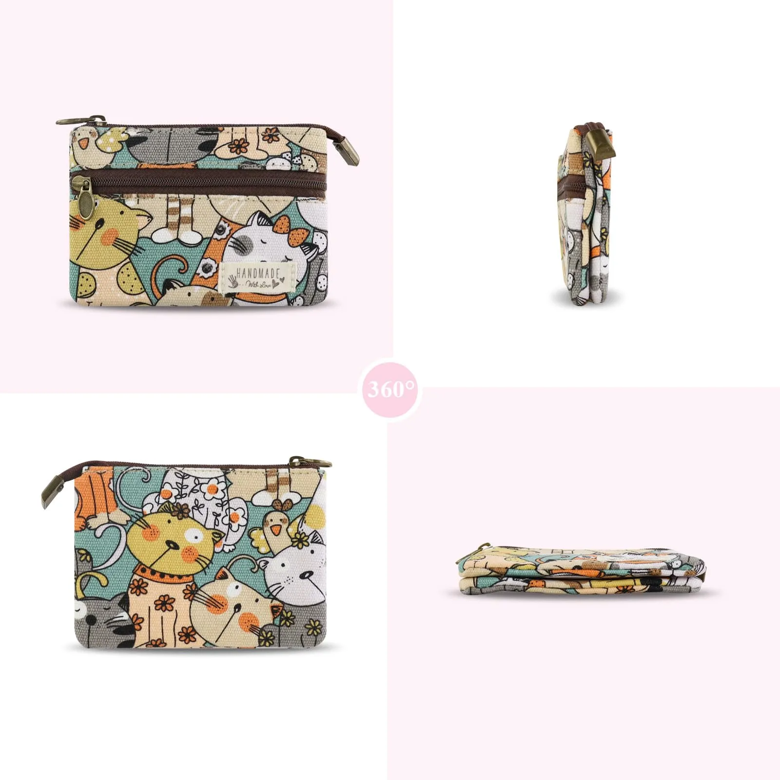 AfitLulu Piccolo Portafoglio da Donna in Tela, 2 Strati con Cerniera, Stile Bohémien, Gattino, 13x10x1cm - immagine 5