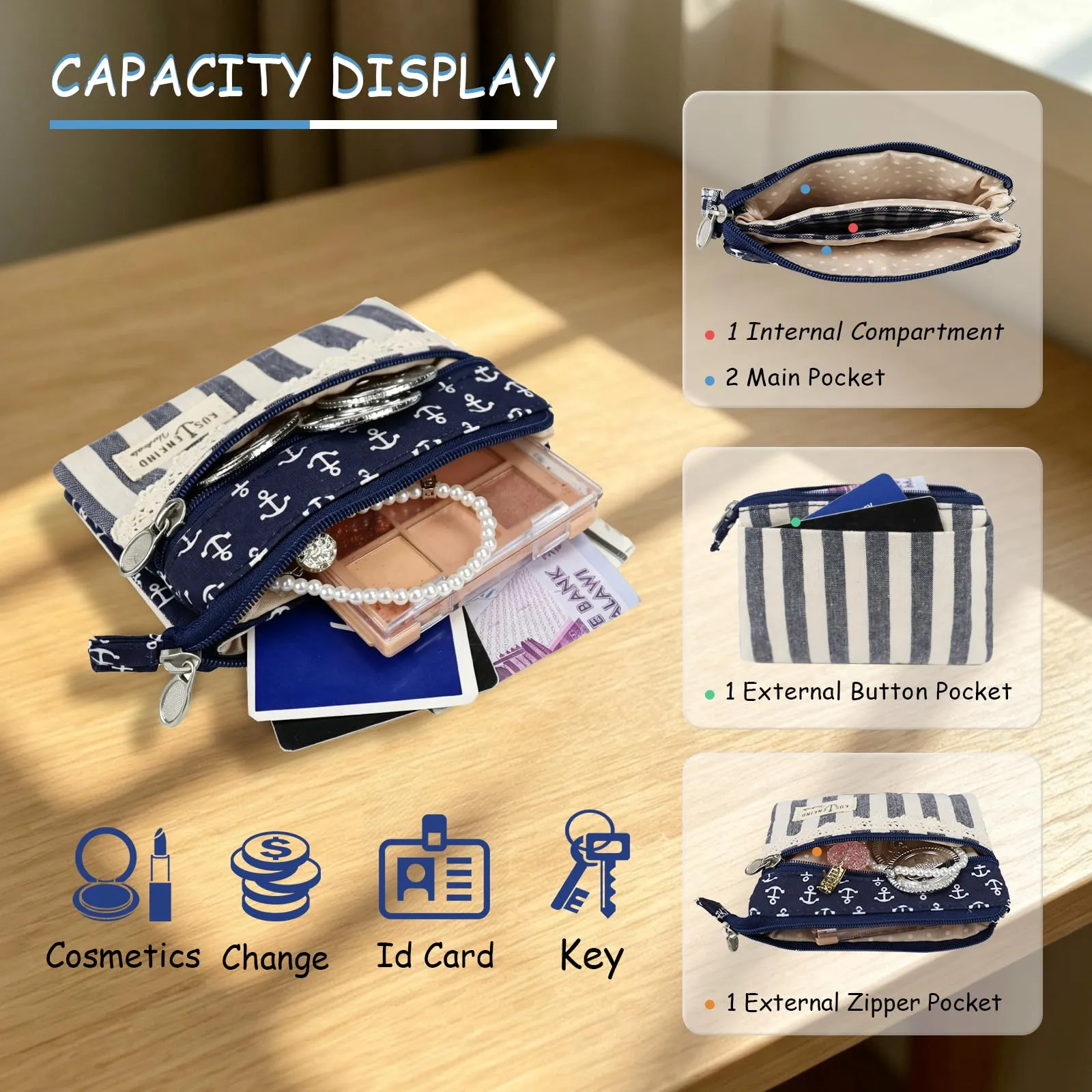AfitLulu Mini Borsa in Tela Stile Bohémien con 2 Tasche con Cerniera, Barca a Vela-b, 13 x 10 x 1 cm - immagine 3
