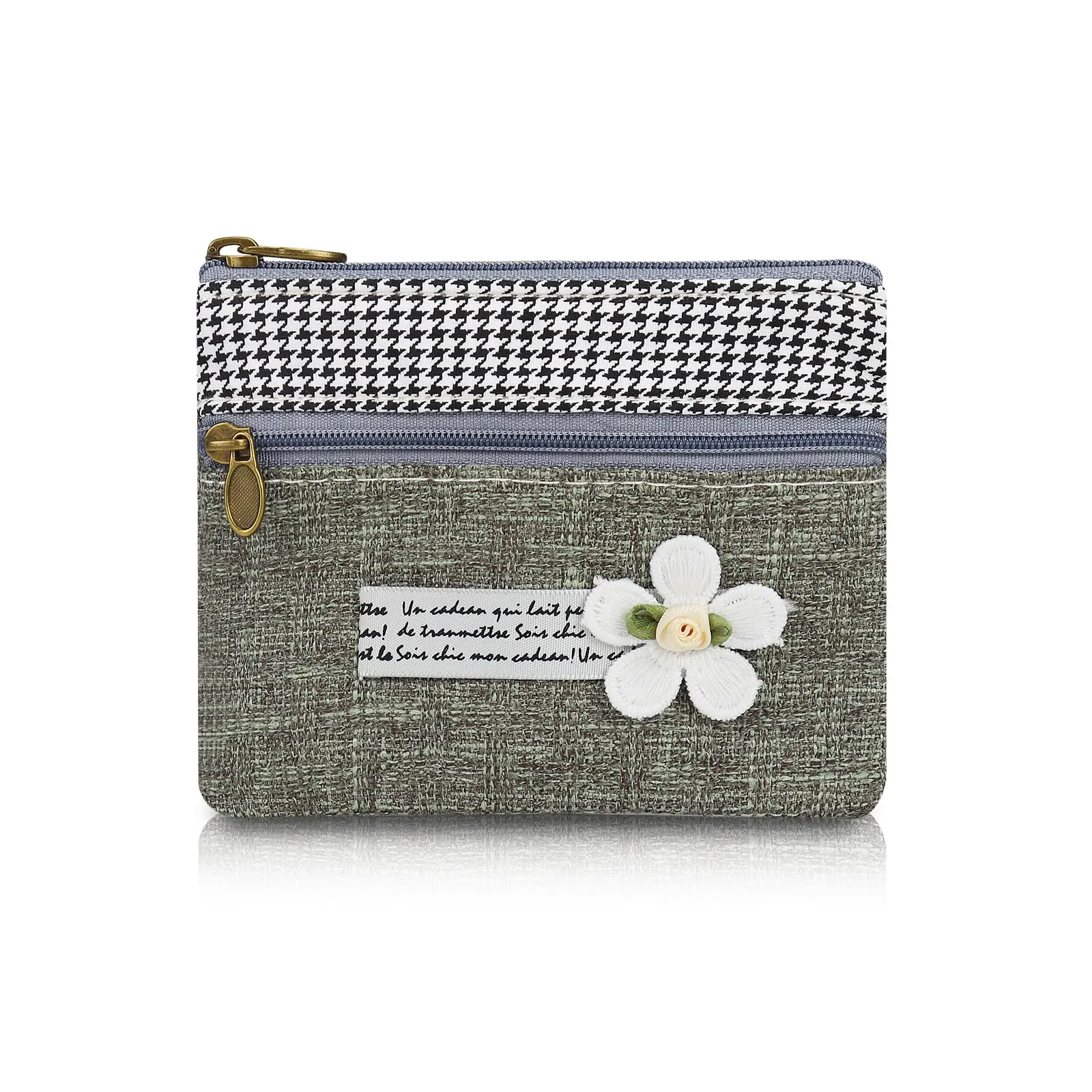 AfitLulu Portafoglio da Donna in Tela Stile Bohémien, 2 Strati con Cerniera, Verde Oliva/Grigio, 13*10*1cm - immagine 1