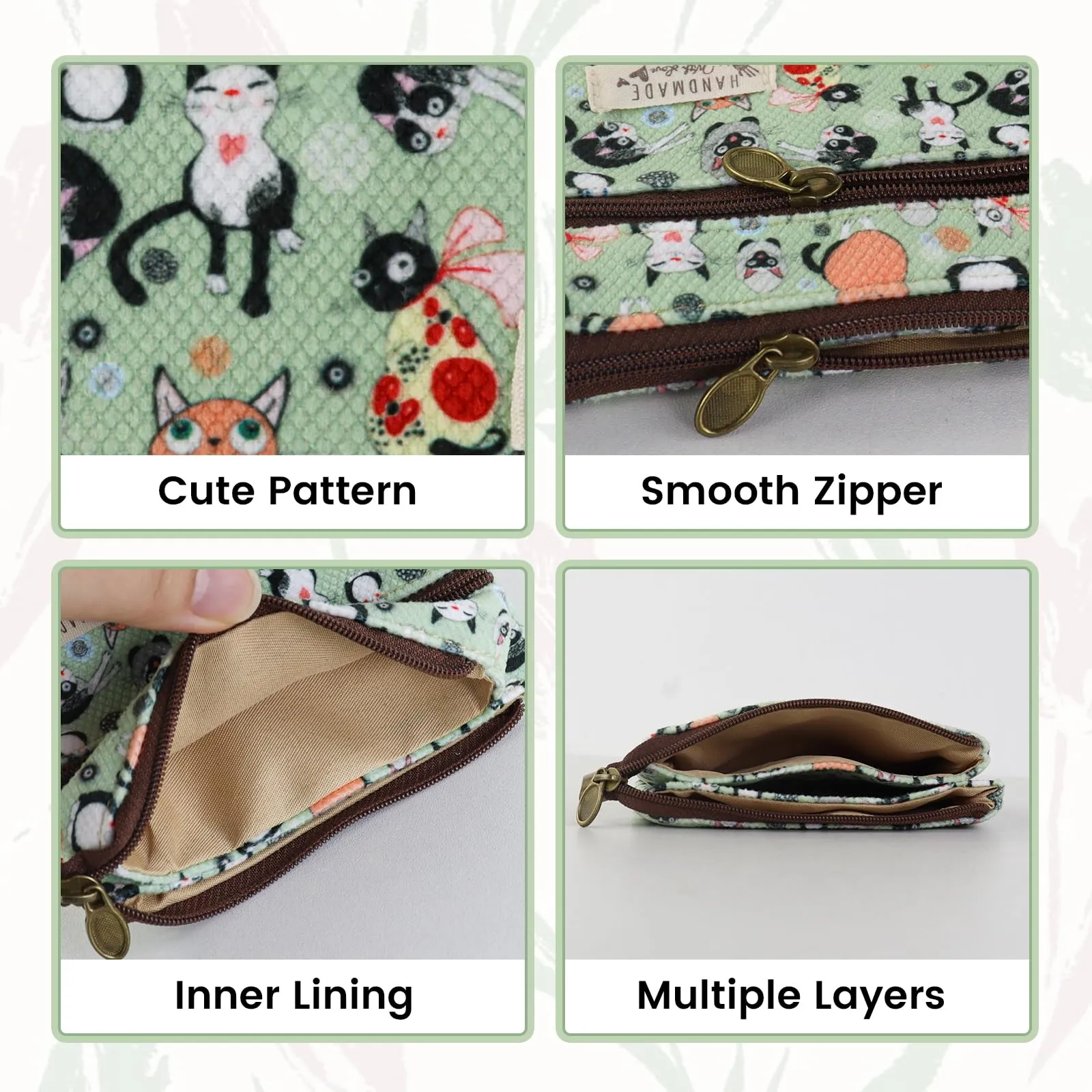 AfitLulu Piccolo Portafoglio da Donna in Tela, 2 Strati con Cerniera, Stile Bohémien, Verde Menta, 13x10x1cm - immagine 4
