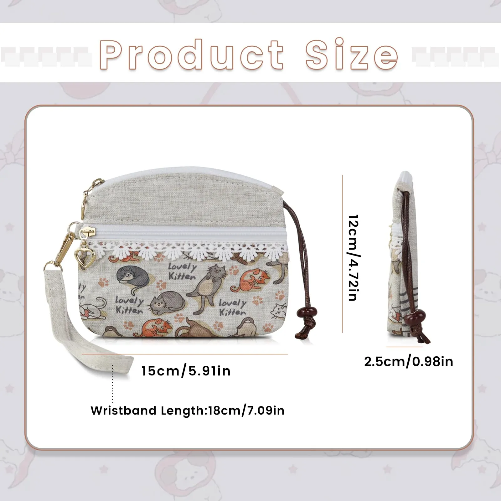 AfitLulu Portafoglio da Donna in Tela Stile Bohémien, 2 Strati con Cerniera, Kaki Chiaro, 13x10x1cm - immagine 2
