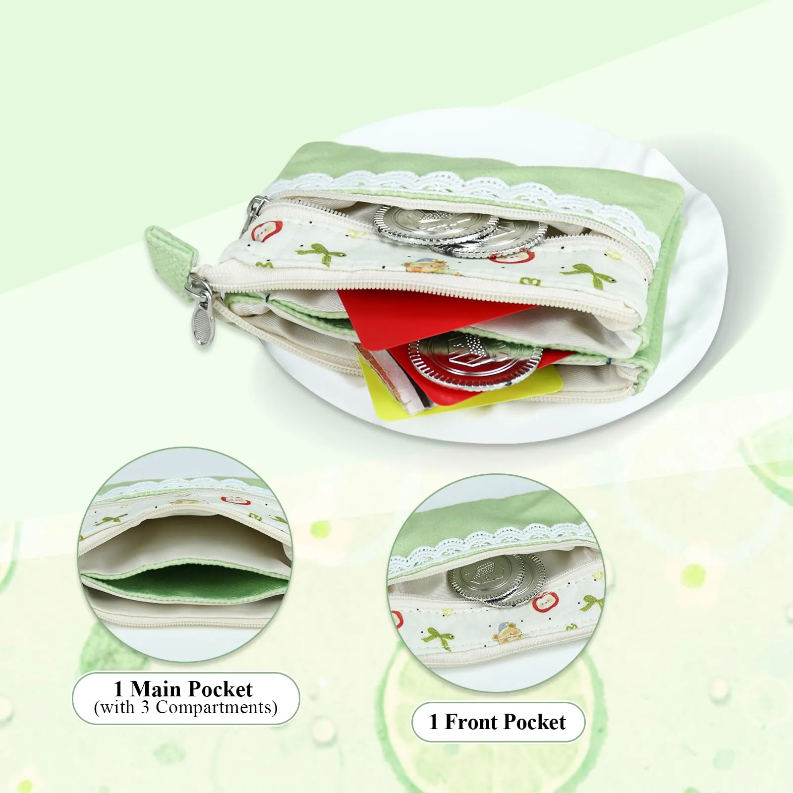 AfitLulu Piccolo Portafoglio da Donna in Tela, 2 Strati con Cerniera, Stile Bohémien, Verde Erba, 13x10x1cm - immagine 3