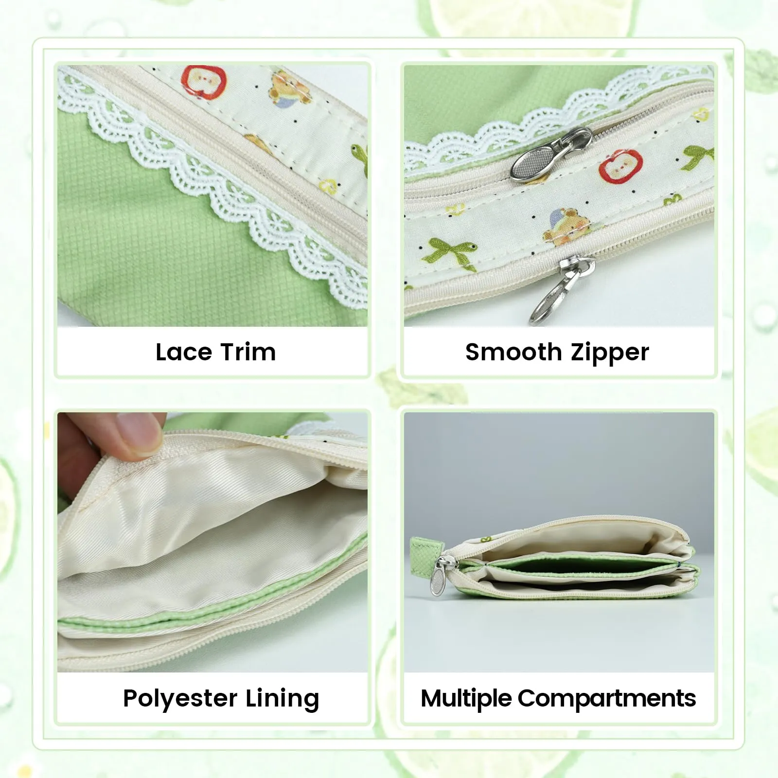 AfitLulu Piccolo Portafoglio da Donna in Tela, 2 Strati con Cerniera, Stile Bohémien, Verde Erba, 13x10x1cm - immagine 4