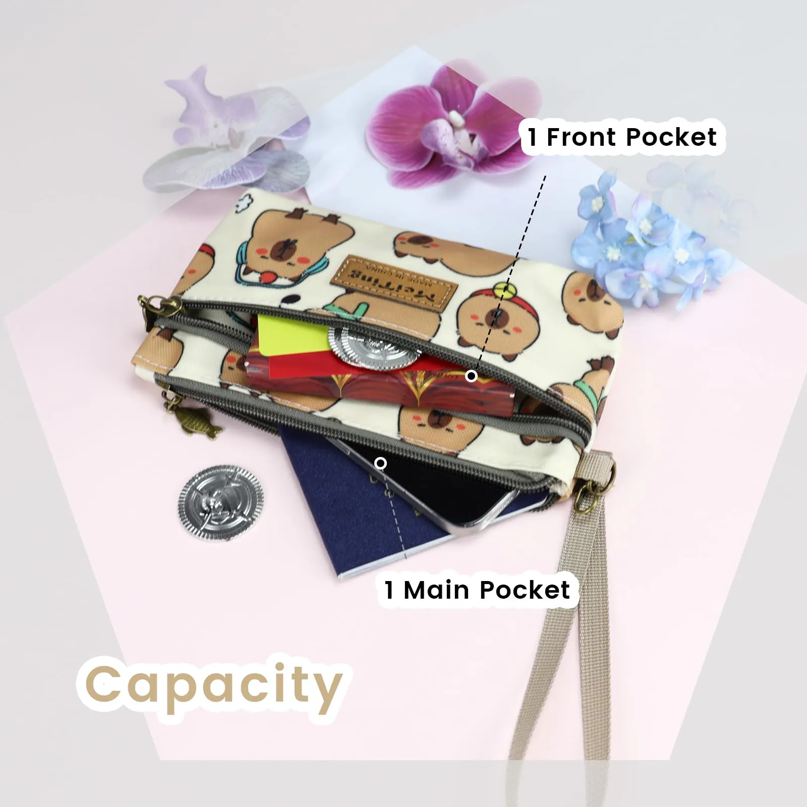 AfitLulu Piccolo Portafoglio da Donna in Tela, 2 Strati con Cerniera, Stile Bohémien, Beige-albicocca, 13*10*1cm - immagine 4