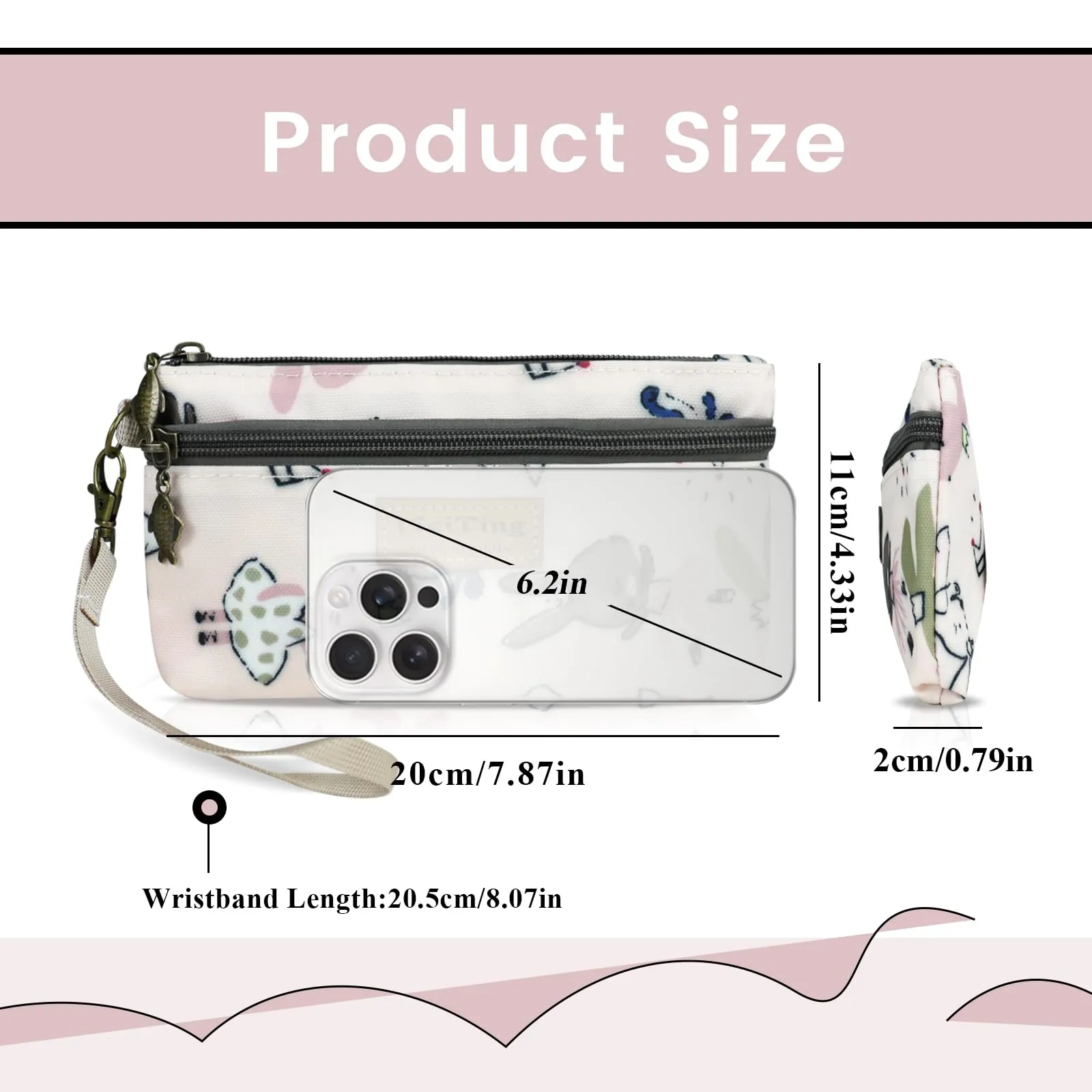 AfitLulu Portafoglio Mini in Tela Donna, Stile Bohémien, 2 Strati con Tasche con Cerniera, Rosa Chiaro, 13x10x1cm - immagine 2